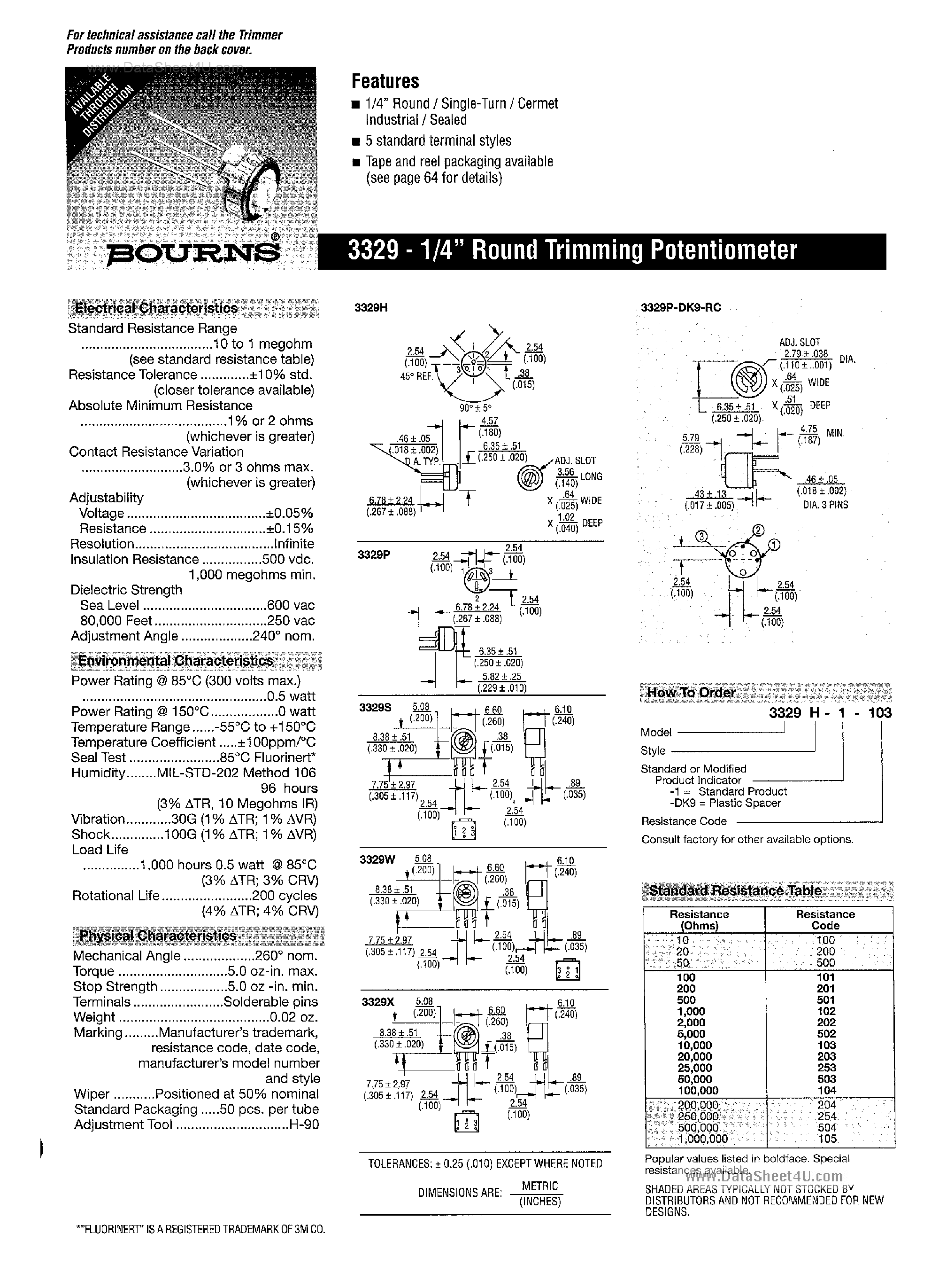 Datasheet 3329H-x-xxx - (3329 Series) Trimming Potentiometer page 1