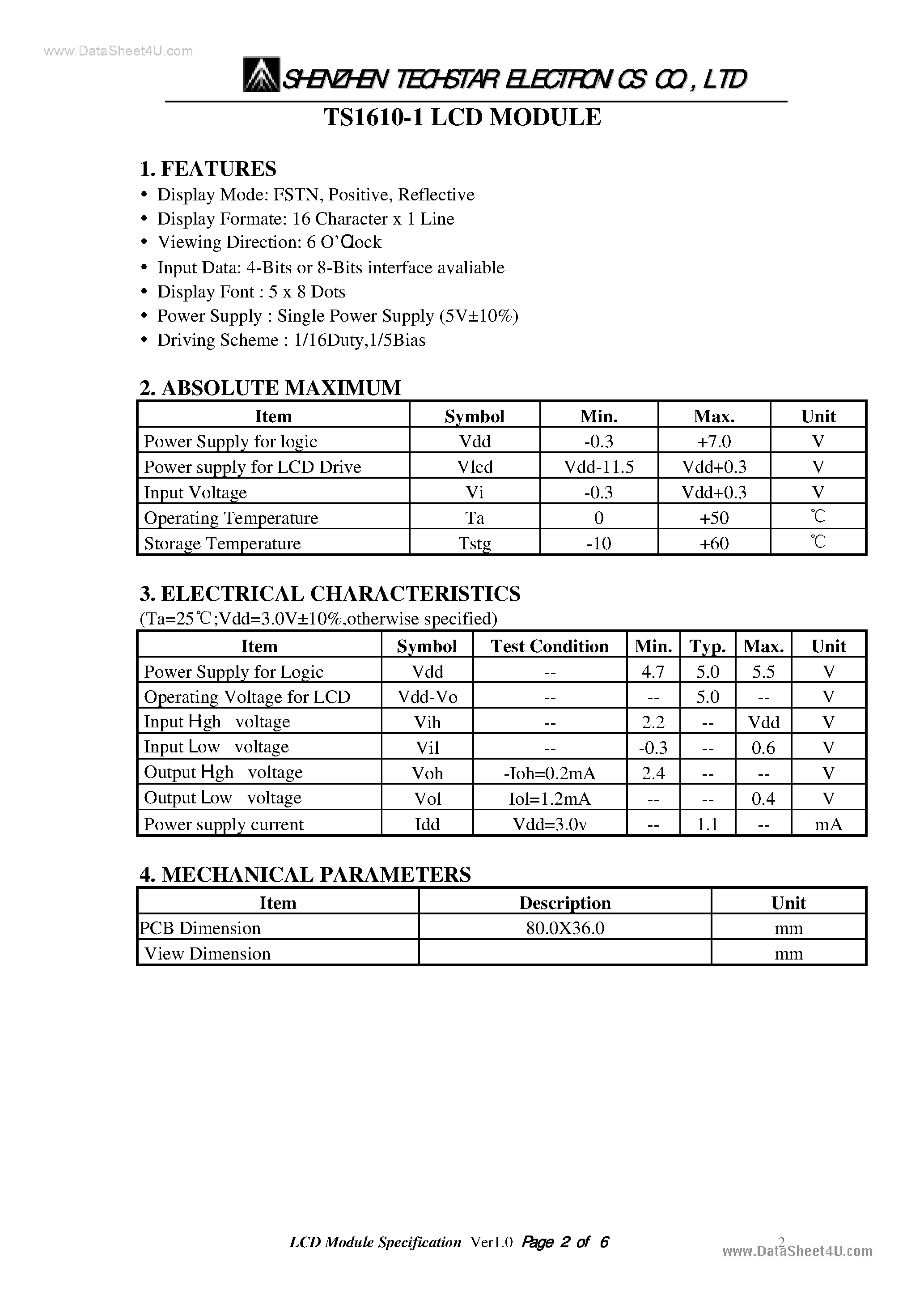 Datasheet TS1610-1 page 2 Datasheet TS1610-1 - LCD Module page 2