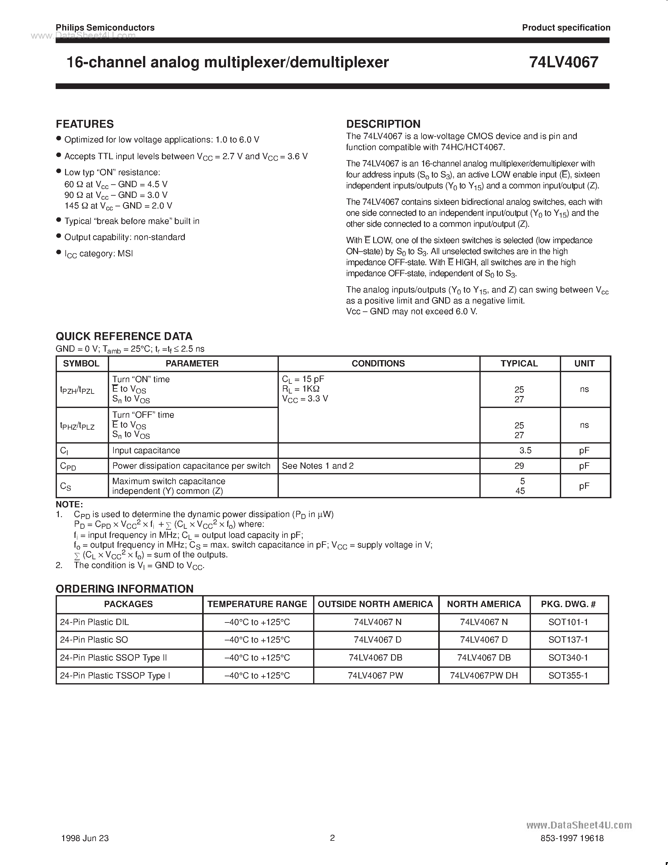 Даташит 74LV4067 - 16-channel analog multiplexer/demultiplexer страница 2
