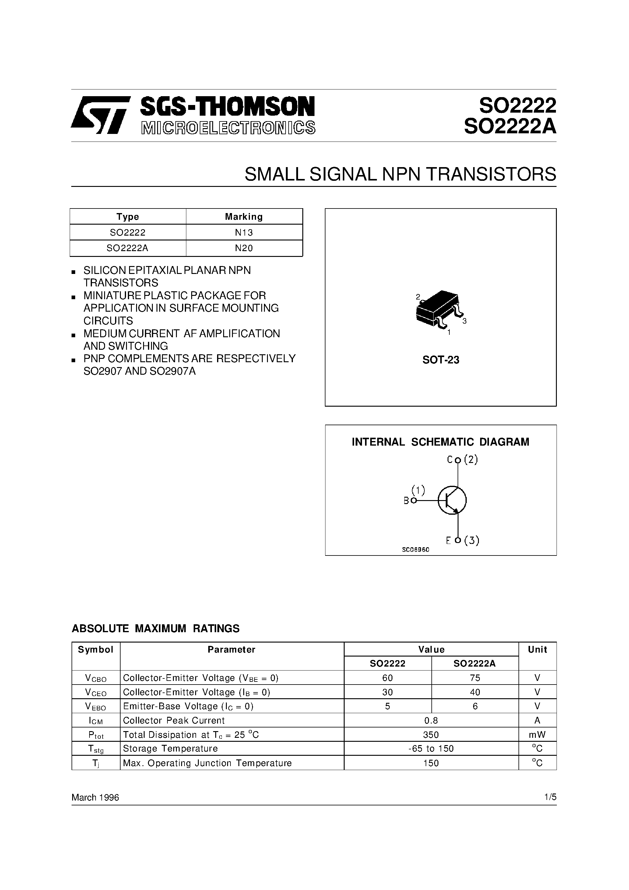 Datasheet SO2222 - SMALL SIGNAL NPN TRANSISTORS page 1