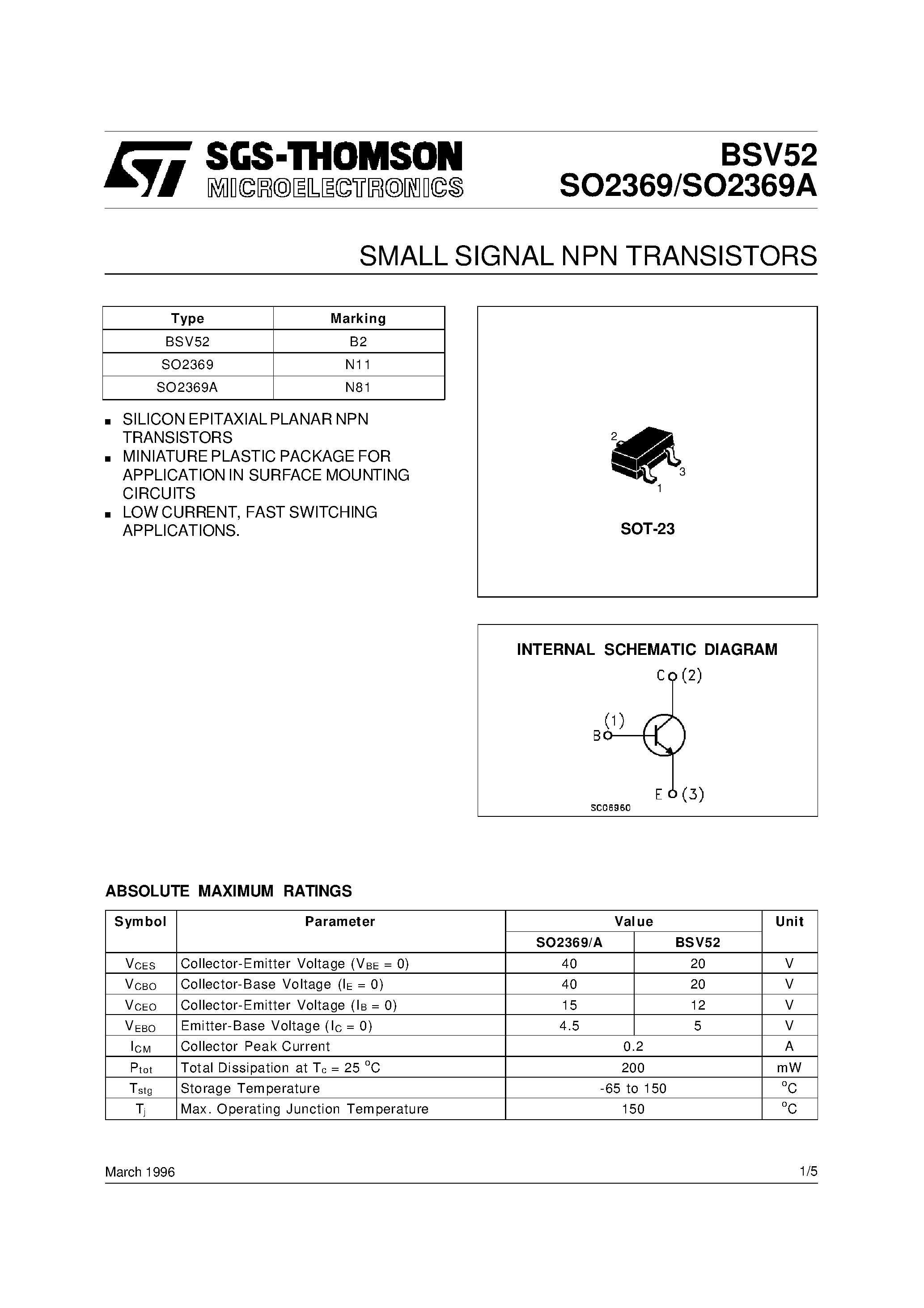 Datasheet SO2369 - SMALL SIGNAL NPN TRANSISTORS page 1
