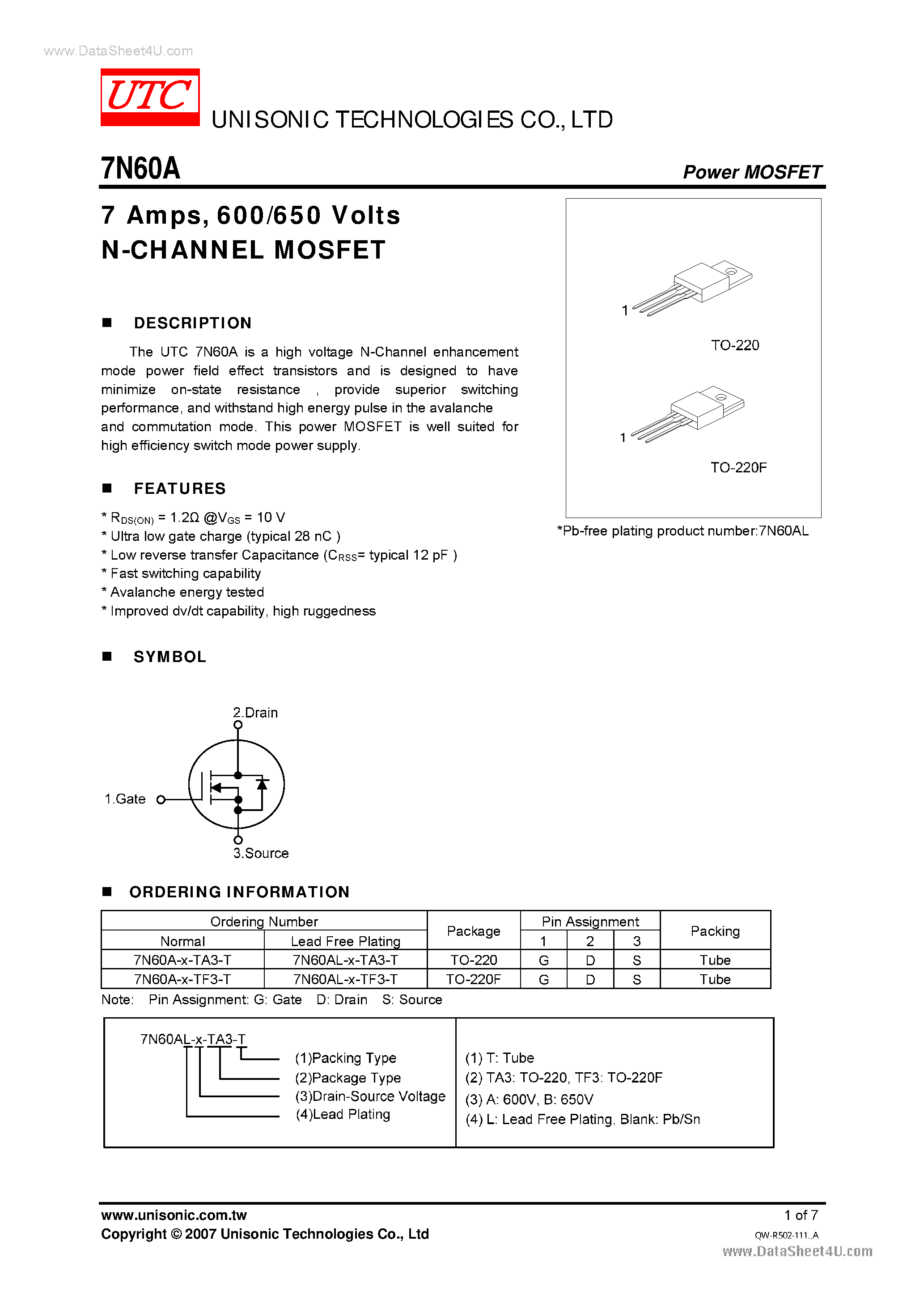 Даташит на микросхему 7N60A страница 1 Даташит 7N60A - 600/650 Volts N-CHANNEL MOSFET страница 1