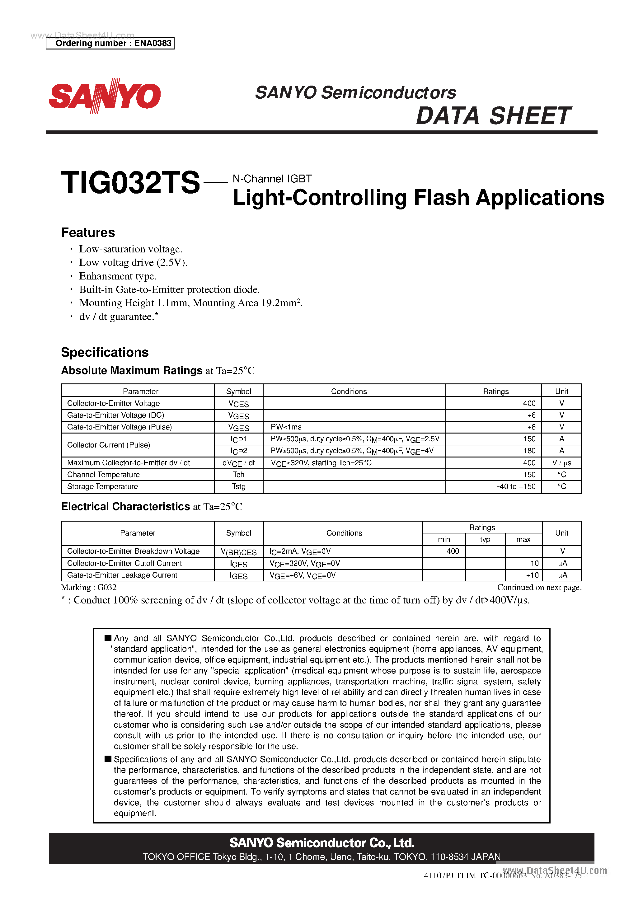 Datasheet TIG032TS - N-Channel IGBT Light-Controlling Flash Applications page 1