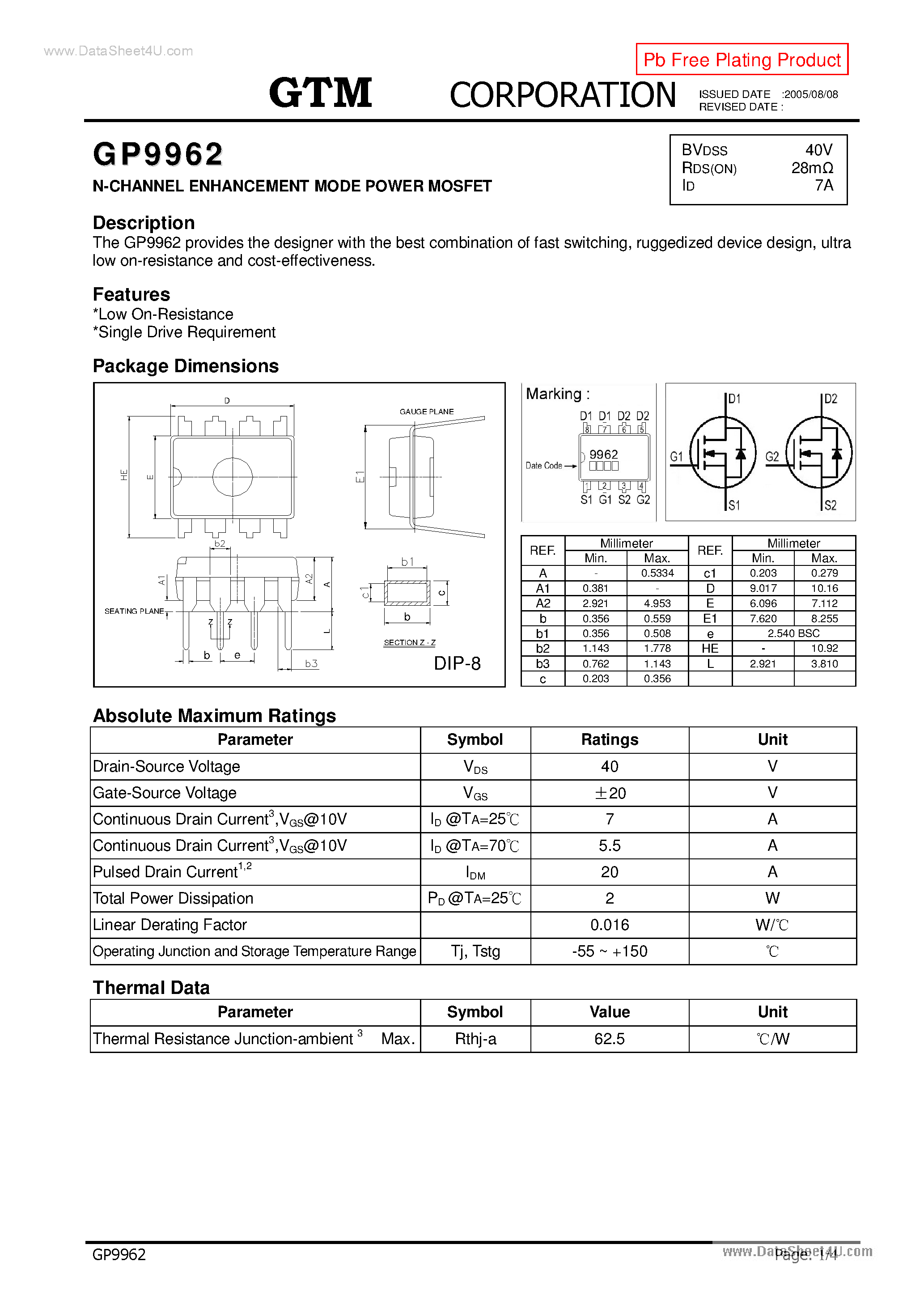 Datasheet GP9962 - N-CHANNEL ENHANCEMENT MODE POWER MOSFET page 1