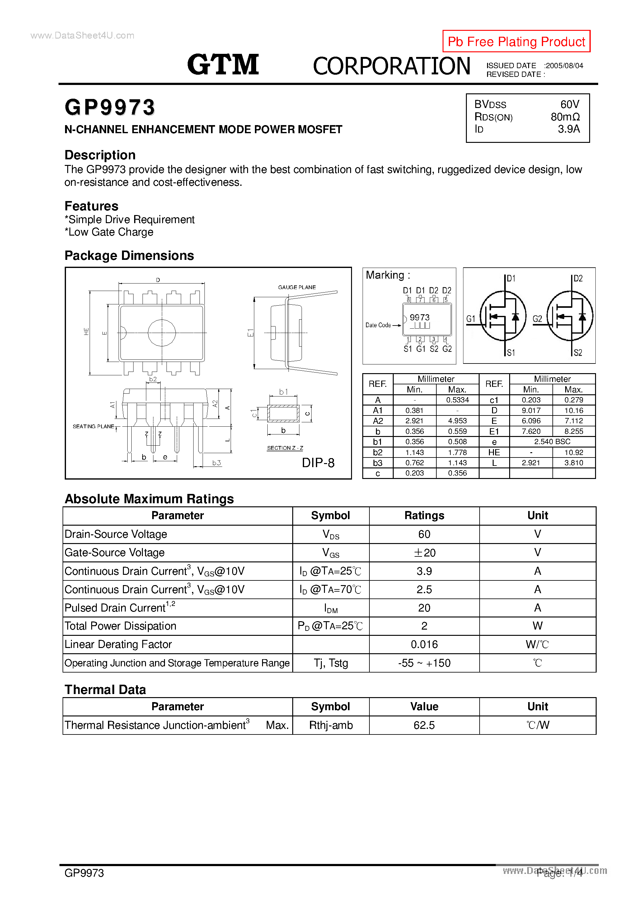 Datasheet GP9973 - N-CHANNEL ENHANCEMENT MODE POWER MOSFET page 1