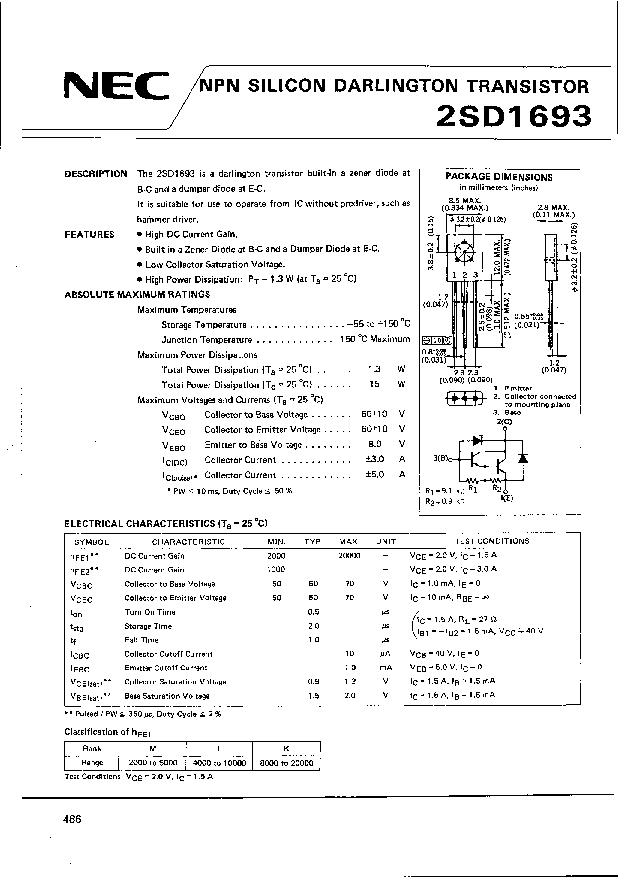 Datasheet 2SD1693 - NPN SILICON DARLINGTON TRANSISTOR page 1