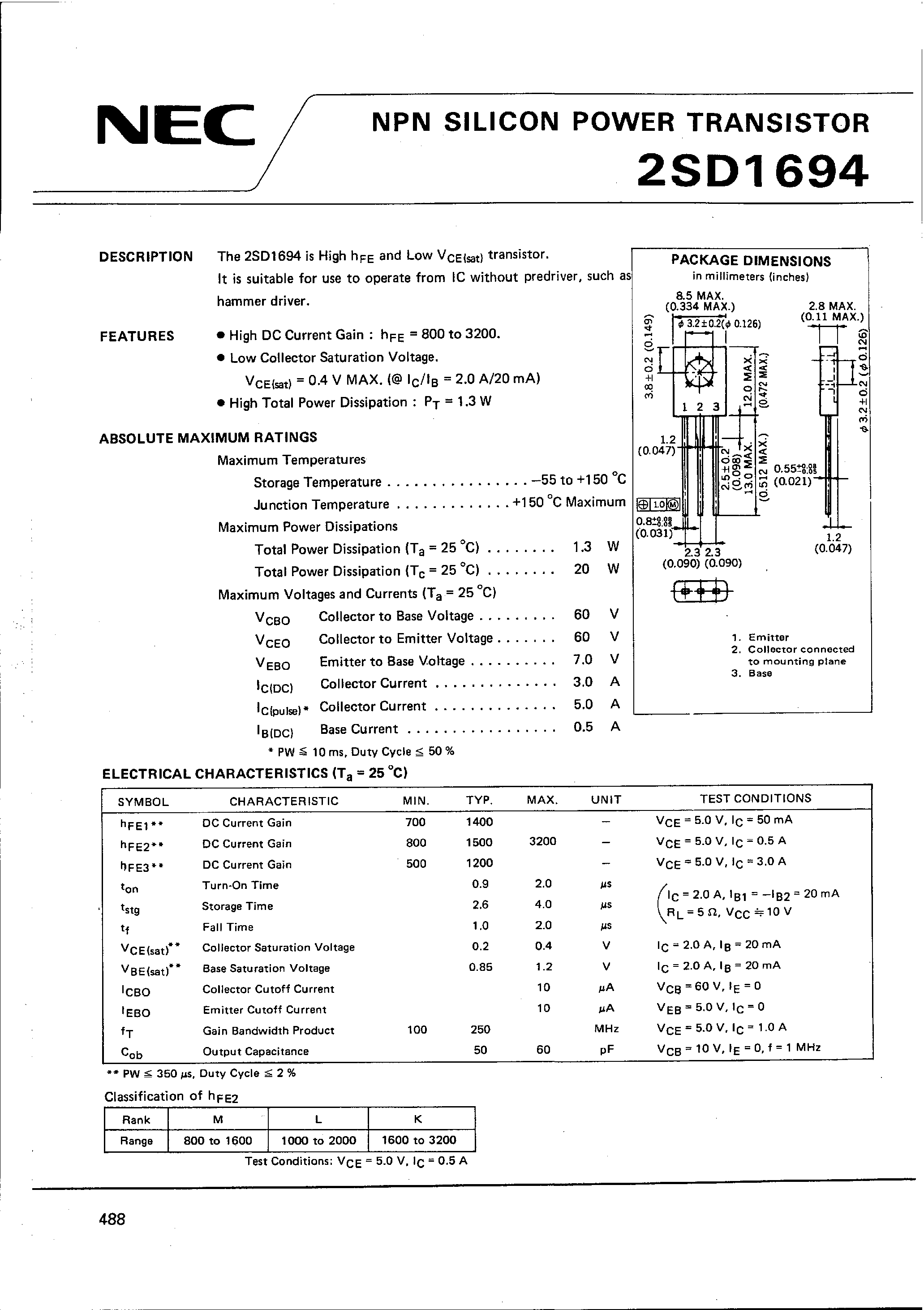 Datasheet 2SD1694 - NPN SILICON POWER TRANSISTOR page 1