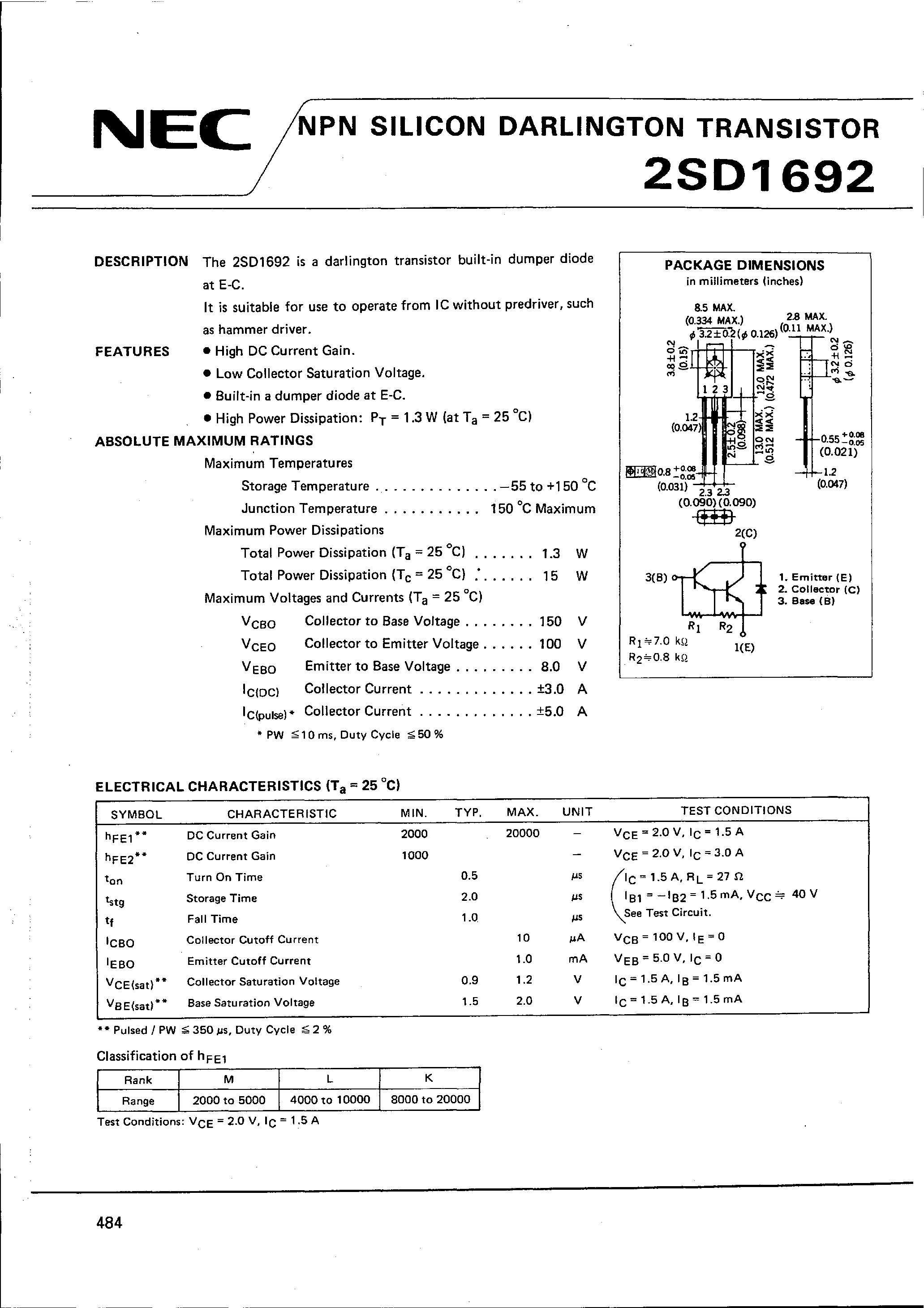 Datasheet 2SD1692 - NPN SILICON DARLINGTON TRANSISTOR page 1