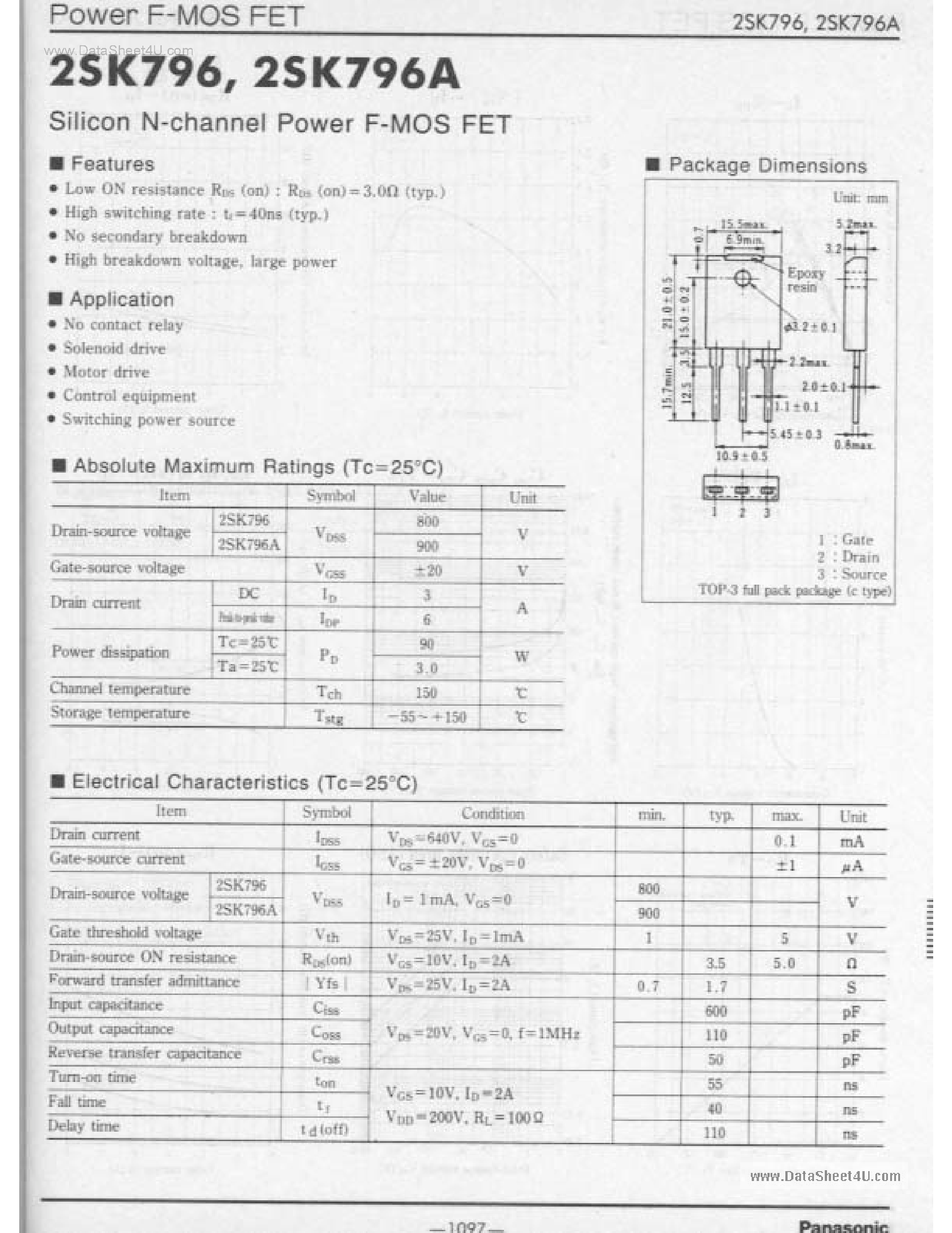 Datasheet 2SK796 - Silicon N-channel Power F-MOS FET page 1