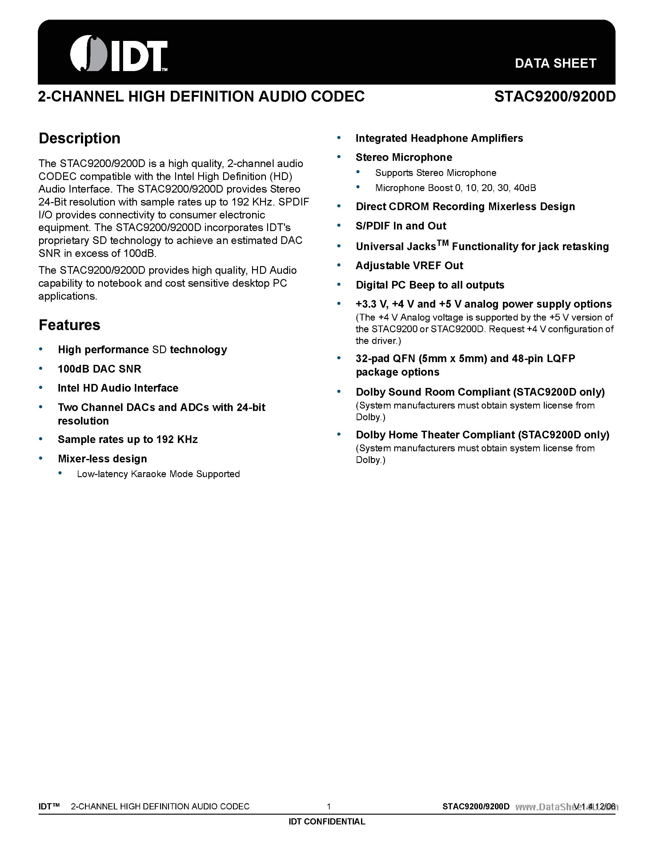 Datasheet STAC9200 - 2-CHANNEL HIGH DEFINITION AUDIO CODEC page 1