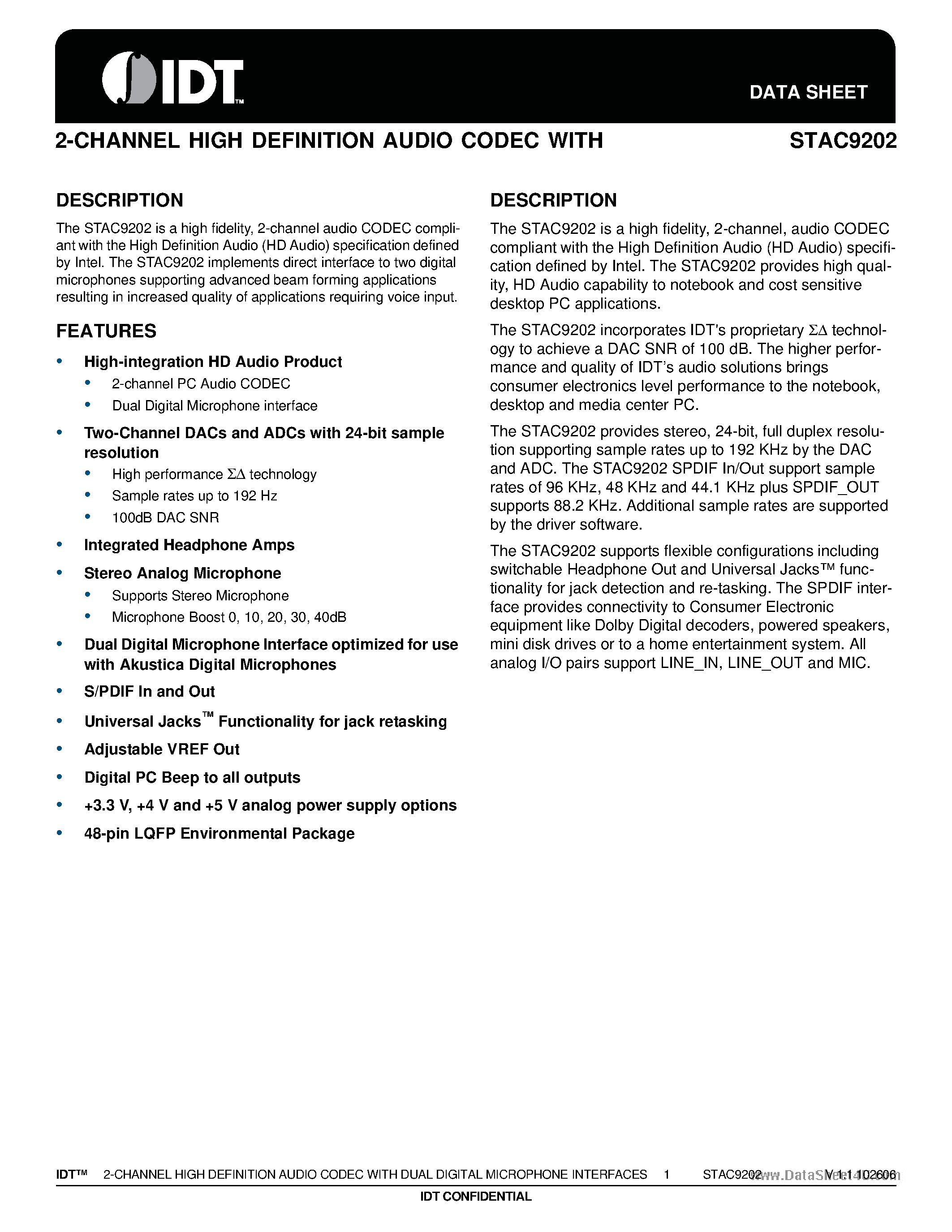 Datasheet STAC9202 - 2-CHANNEL HIGH DEFINITION AUDIO CODEC page 1