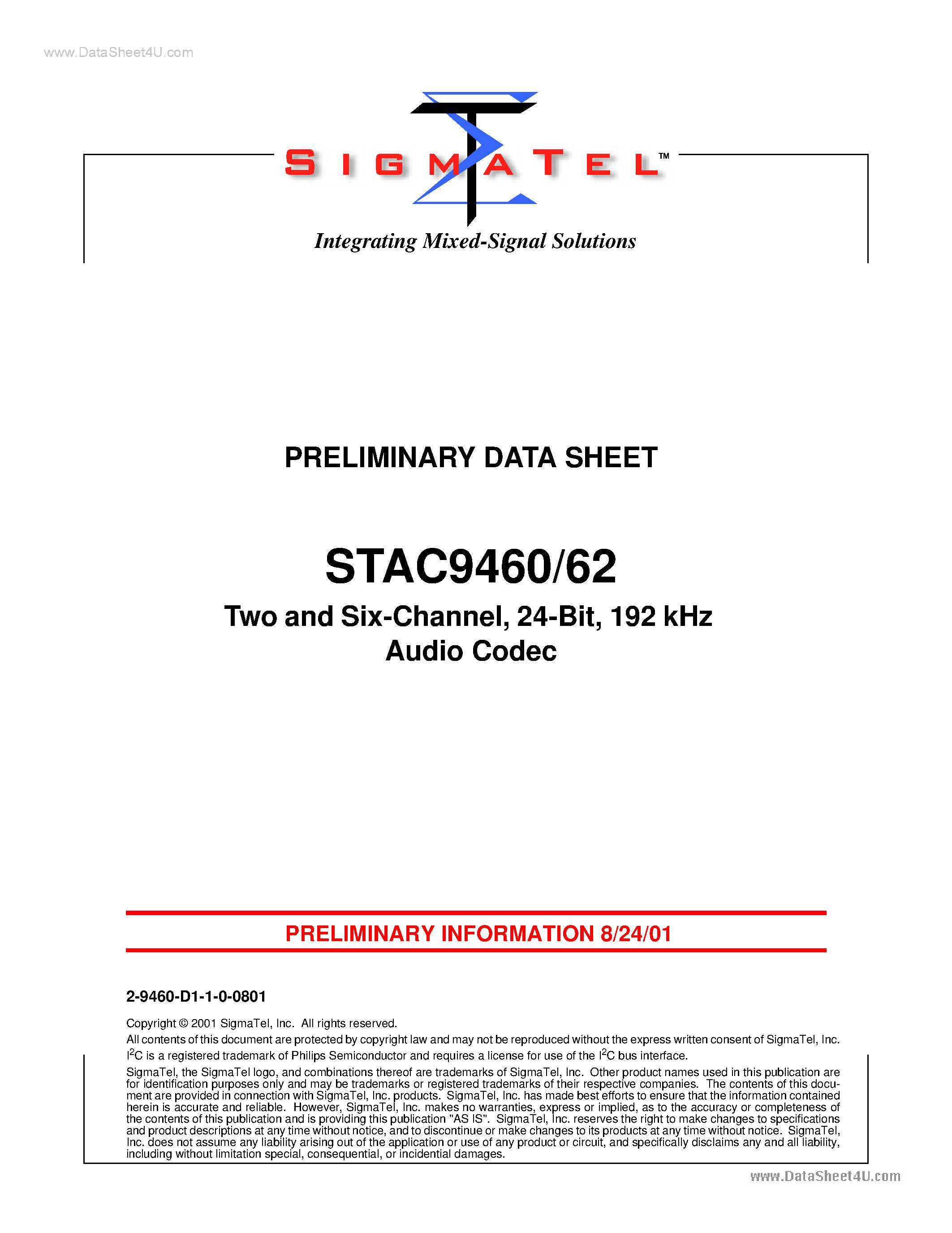Datasheet STAC9460 page 1 Datasheet STAC9460 - (STAC9460 / STAC9462) Two and Six-Channel Audio Codec page 1