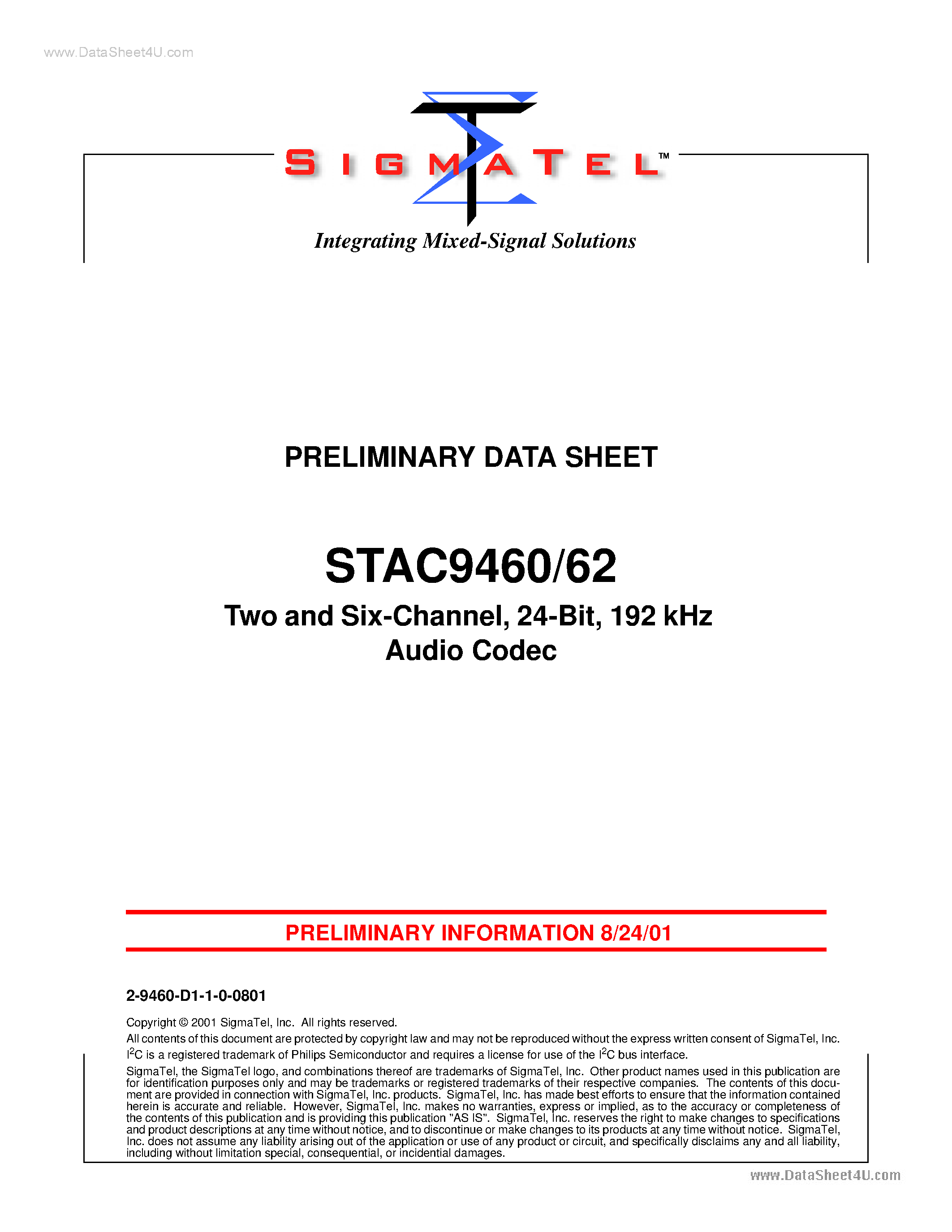 Datasheet STAC9460 - (STAC9460 / STAC9462) Two and Six-Channel Audio Codec page 1