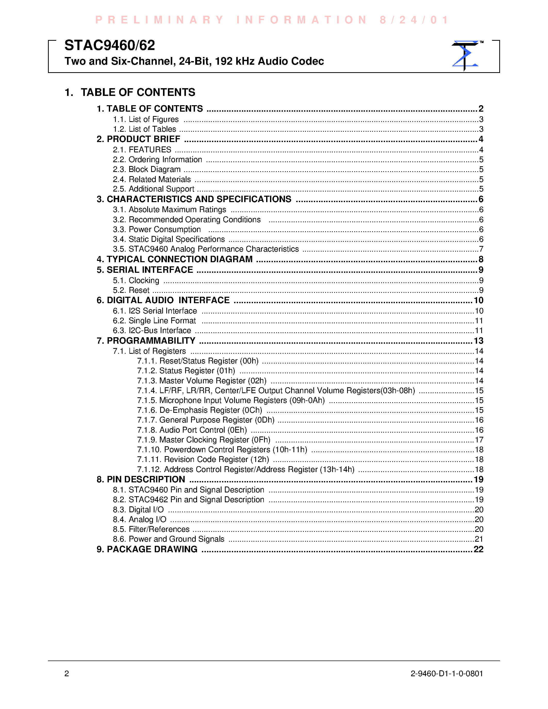 Datasheet STAC9460 page 2 Datasheet STAC9460 - (STAC9460 / STAC9462) Two and Six-Channel Audio Codec page 2
