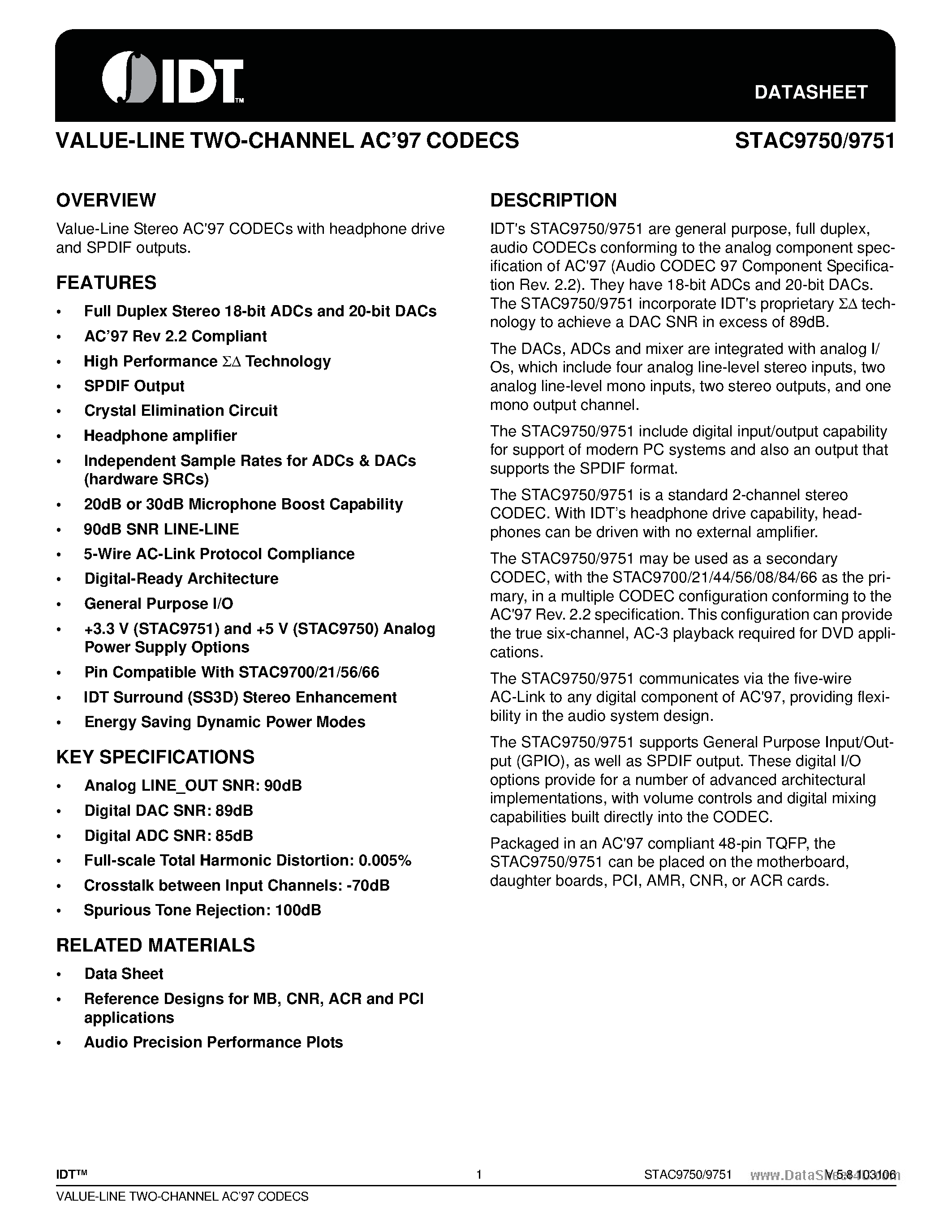 Даташит на микросхему STAC9751 страница 1 Даташит STAC9751 - (STAC9750 / STAC9751) VALUE-LINE TWO-CHANNEL AC97 CODECS страница 1