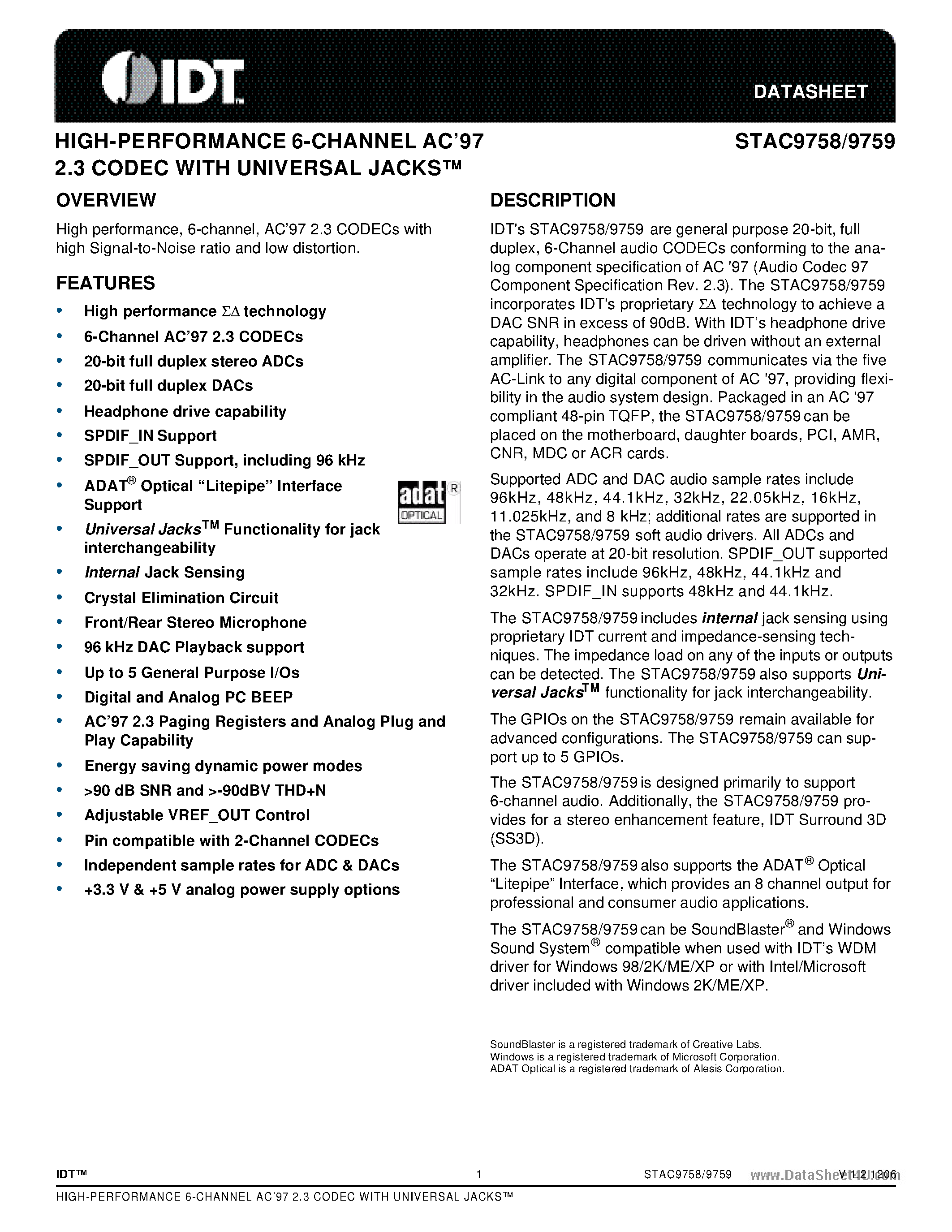 Datasheet STAC9758 - (STAC9758 / STAC9759) HIGH-PERFORMANCE 6-CHANNEL AC97 2.3 CODEC page 1