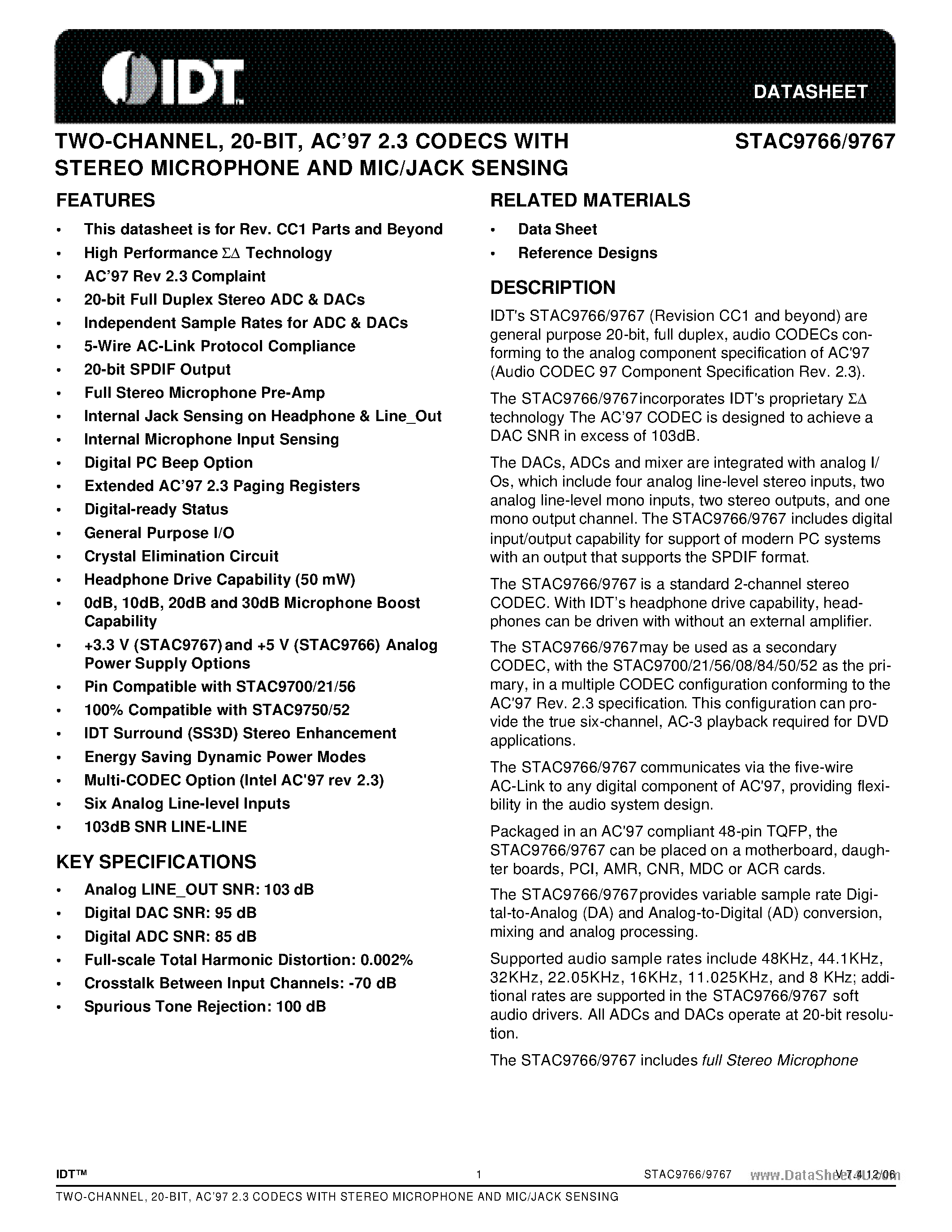 Datasheet STAC9766 page 1 Datasheet STAC9766 - (STAC9766 / STAC9767) TWO-CHANNEL AC97 2.3 CODECS page 1