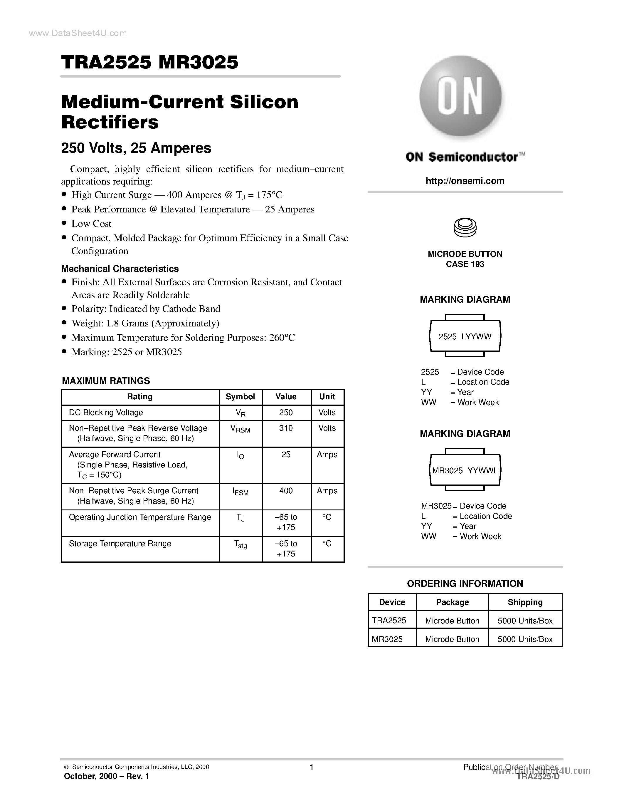 Datasheet MR3025 page 1 Datasheet MR3025 - Medium-Current Silicon Rectifiers page 1