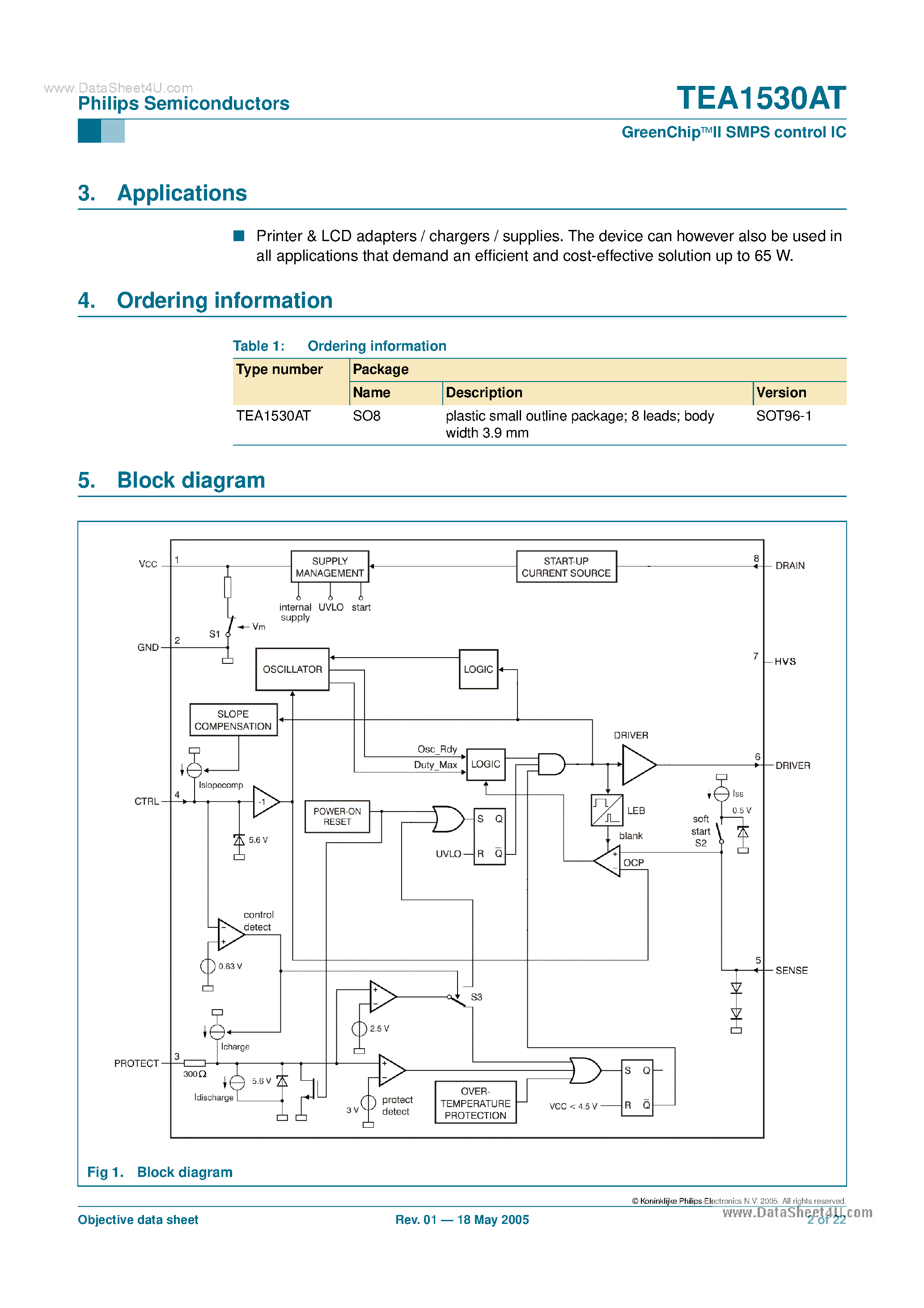 Datasheet TEA1530AT page 2 Datasheet TEA1530AT - SMPS Control IC page 2