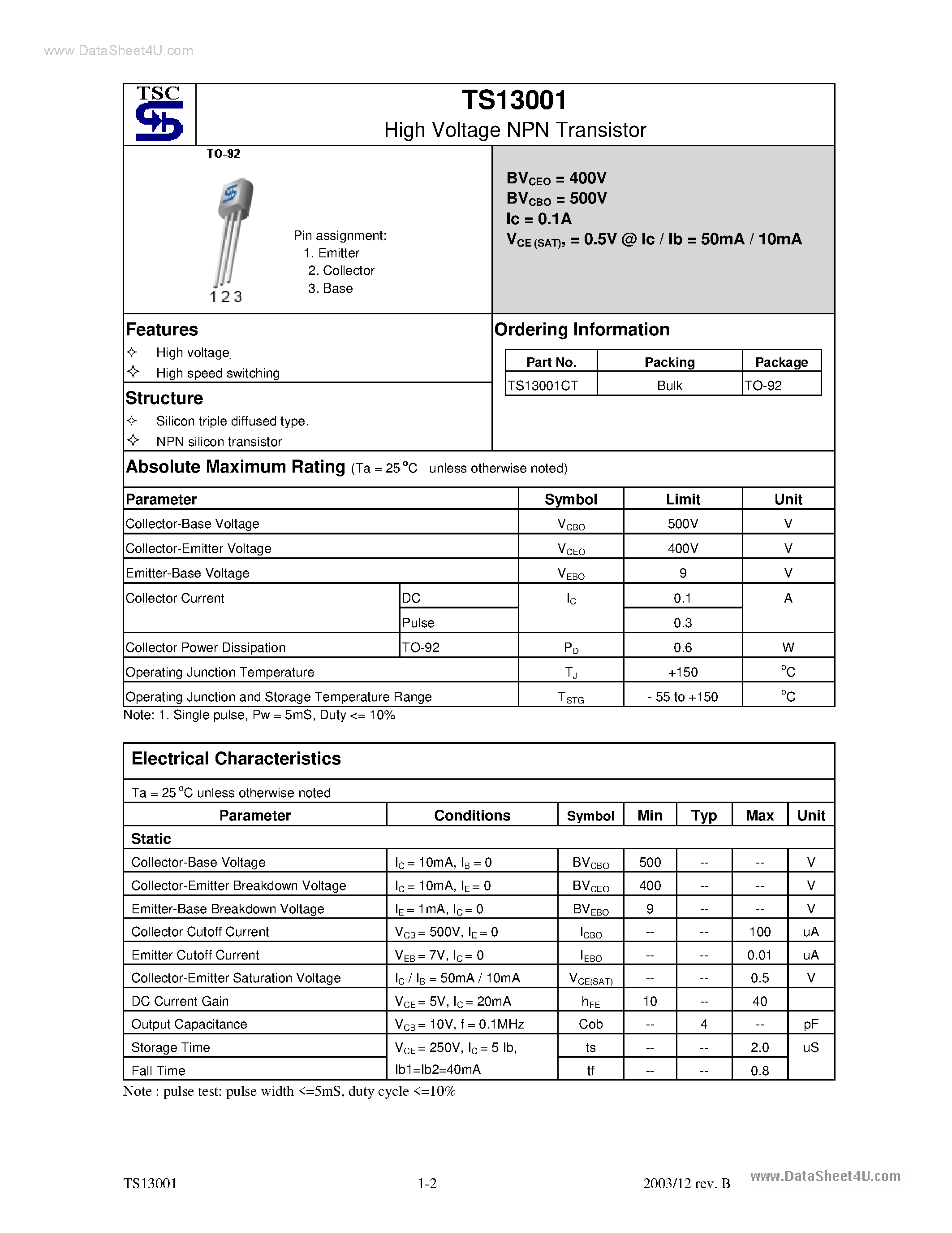 Datasheet TS13001 - High Voltage NPN Transistor page 1