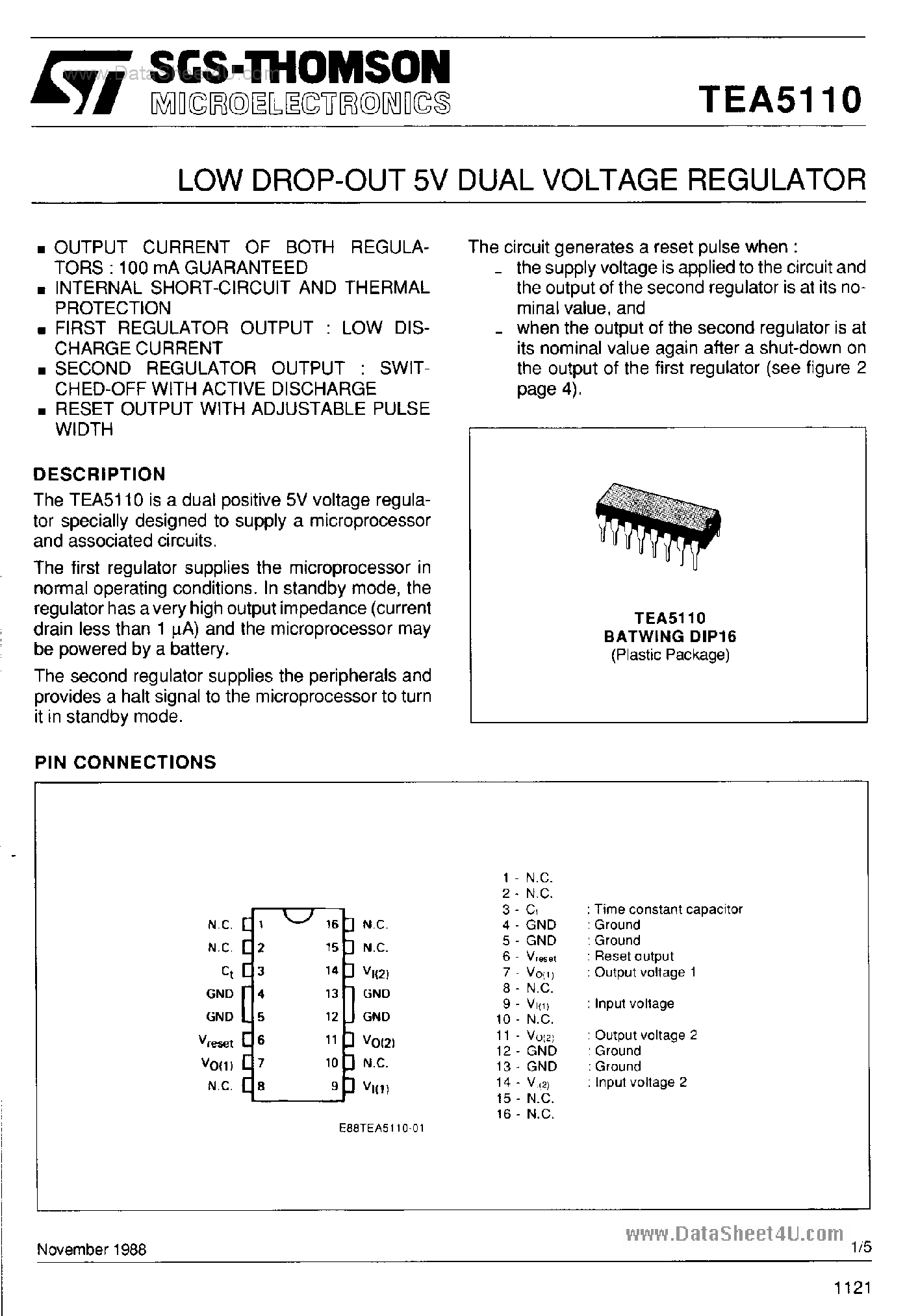 Даташит TEA5110 - LOW DROP-OUT 5V DUAL VOLTAGE REGULATOR страница 1