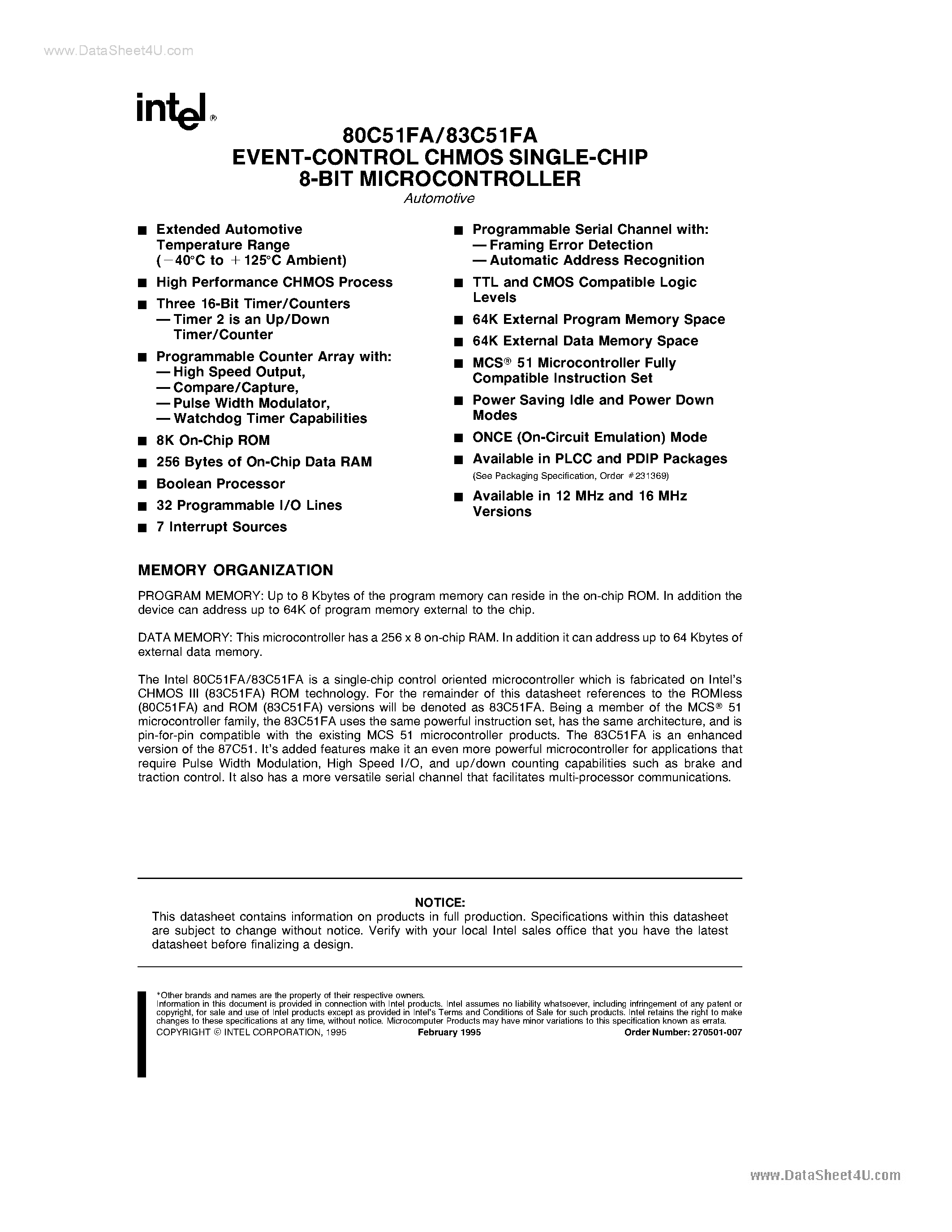 Datasheet LP80C51FA - (LP80C51FA / LP83C51FA) EVENT-CONTROL CHMOS SINGLE-CHIP 8-BIT MICROCONTROLLER page 1