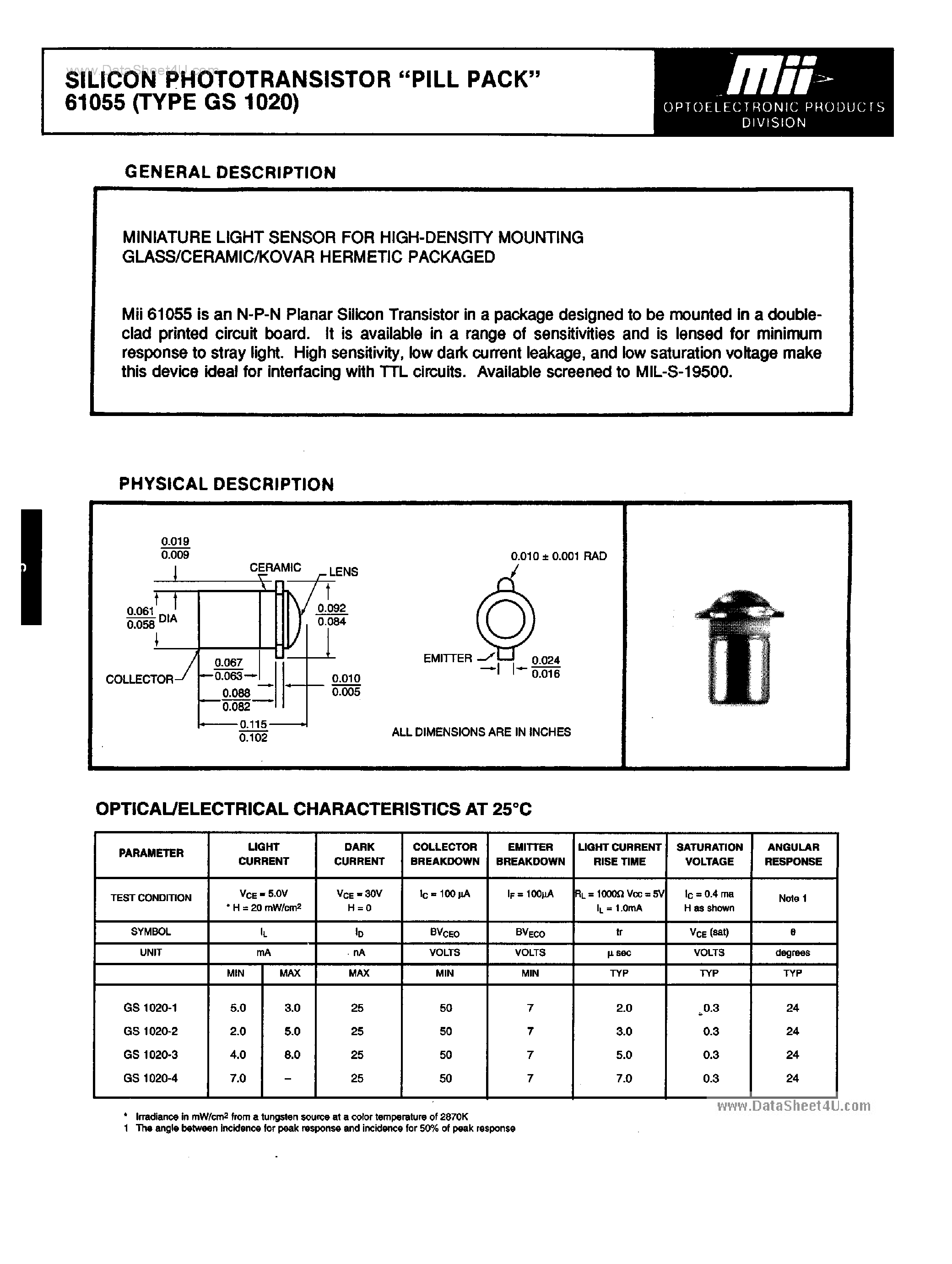Datasheet GS1020 - Silicon PhotoTransistor page 1