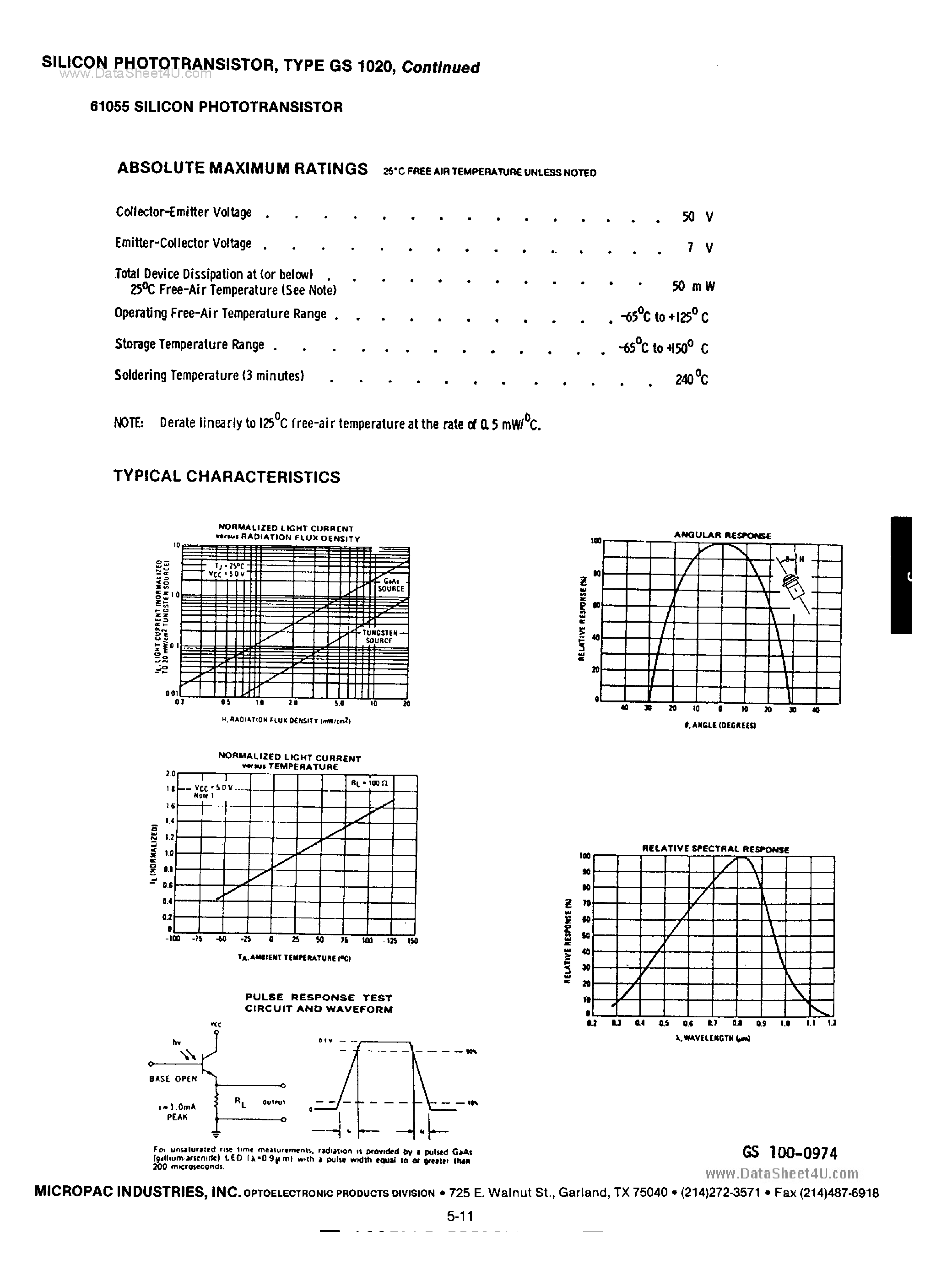 Datasheet GS1020 - Silicon PhotoTransistor page 2