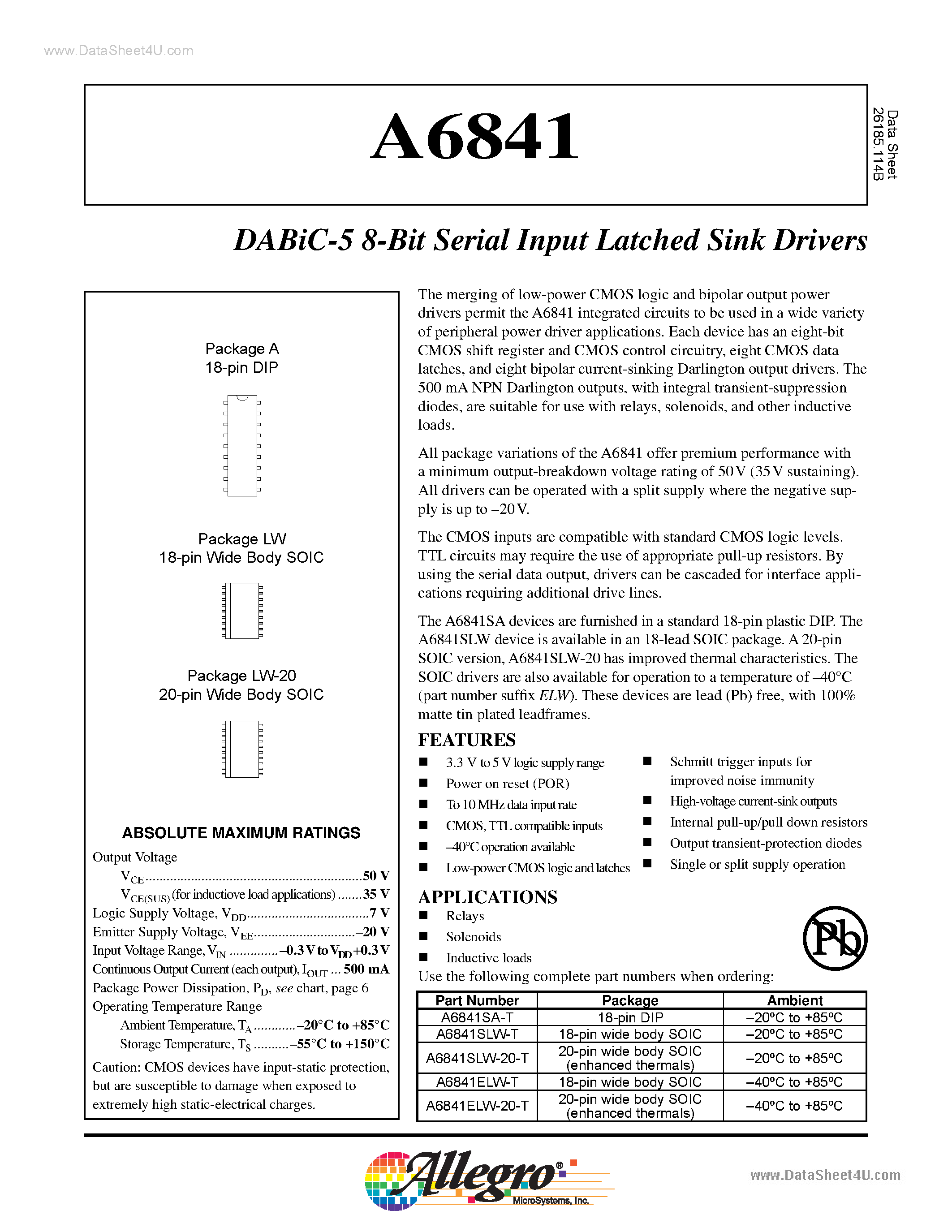 Datasheet A6841 page 1 Datasheet A6841 - DABiC-5 8-Bit Serial Input Latched Sink Drivers page 1