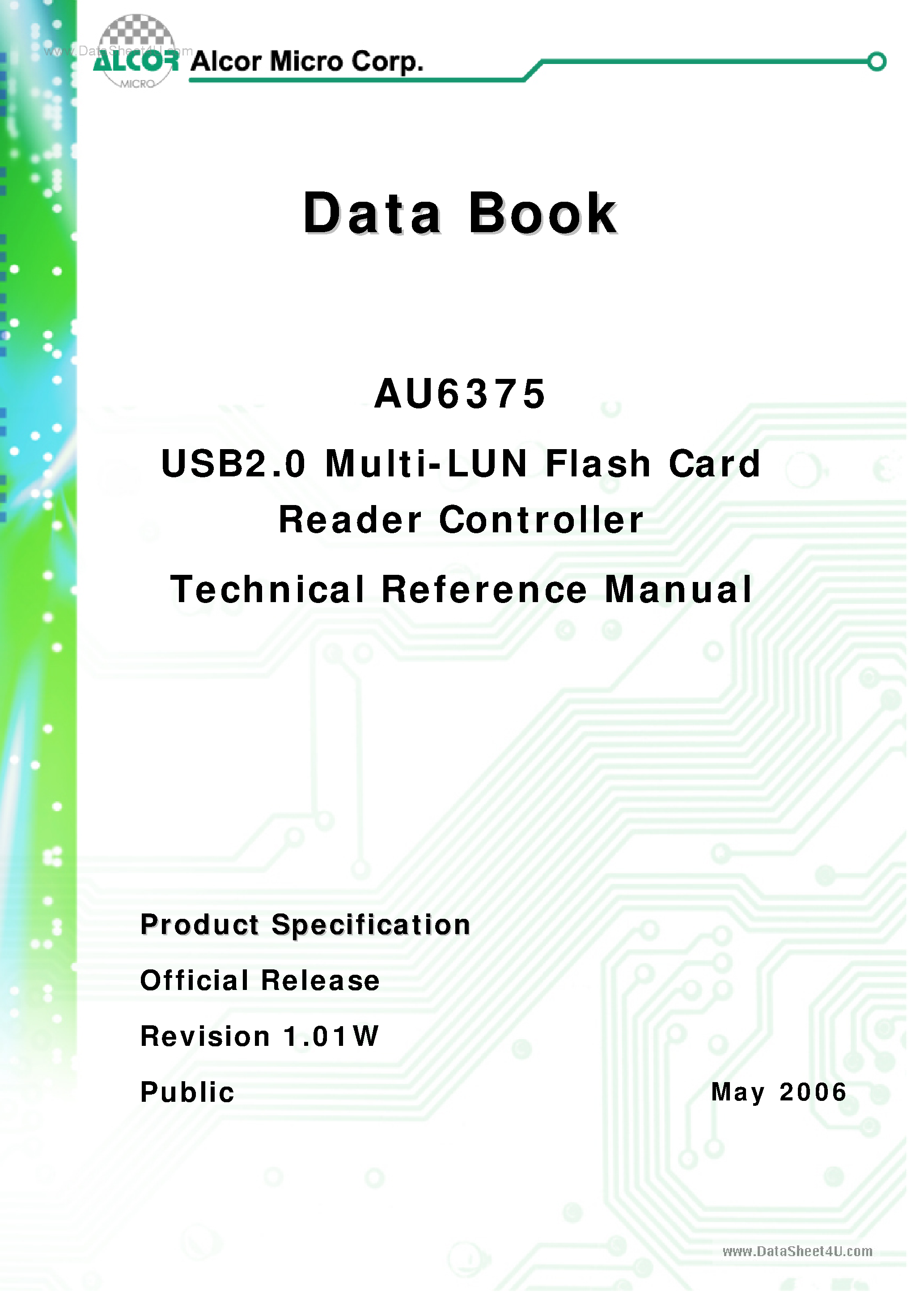 Datasheet AU6375 - USB2.0 Multi-LUN Flash Card Reader Controller page 1
