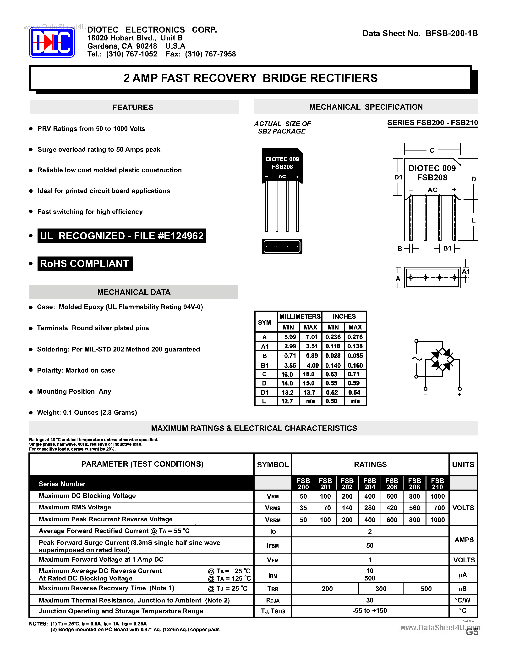 Даташит FSB200 - (FSB200 - FSB210) 2 AMP FAST RECOVERY BRIDGE RECTIFIERS страница 1