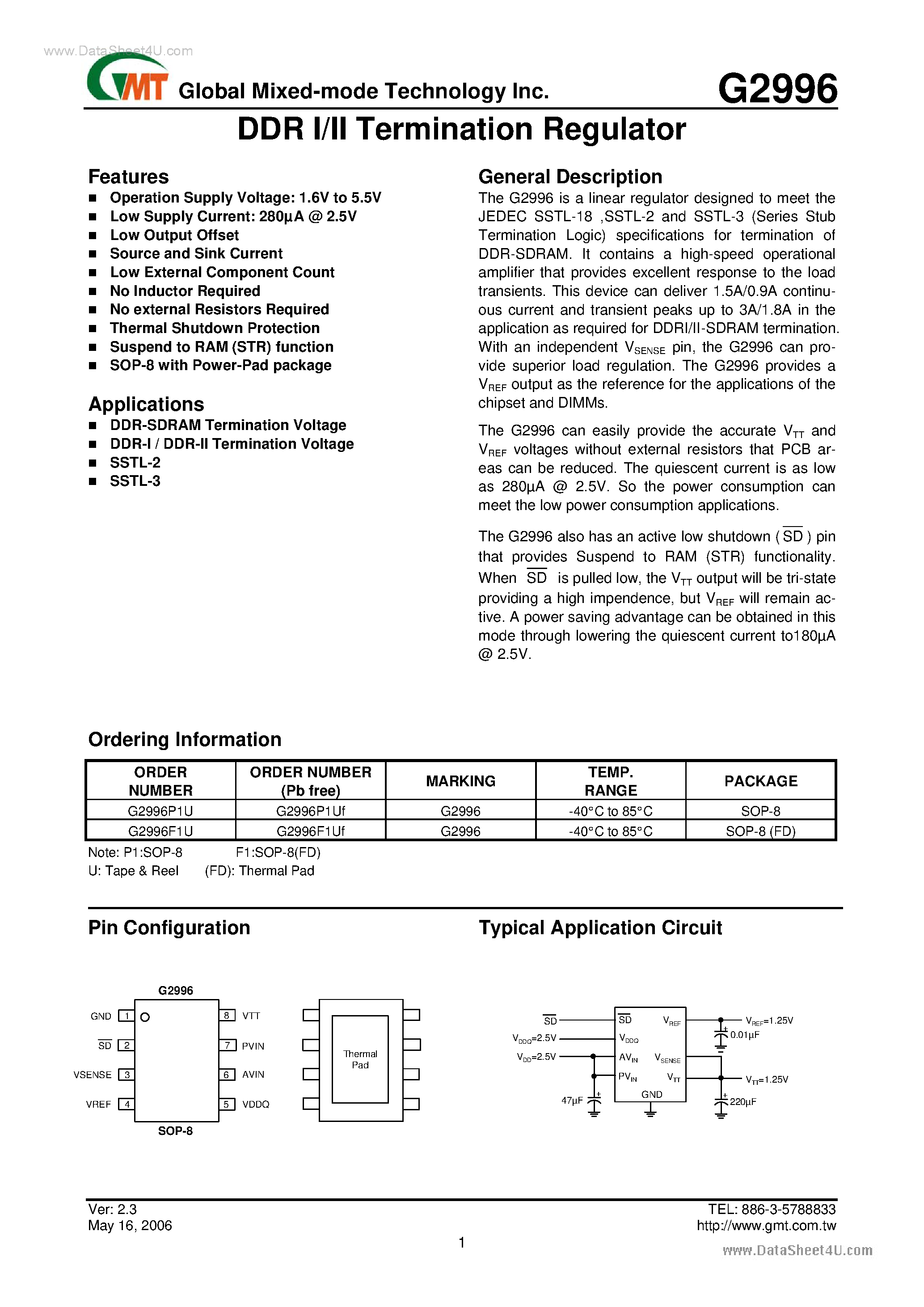 Datasheet G2996 - DDR I/II Termination Regulator page 1