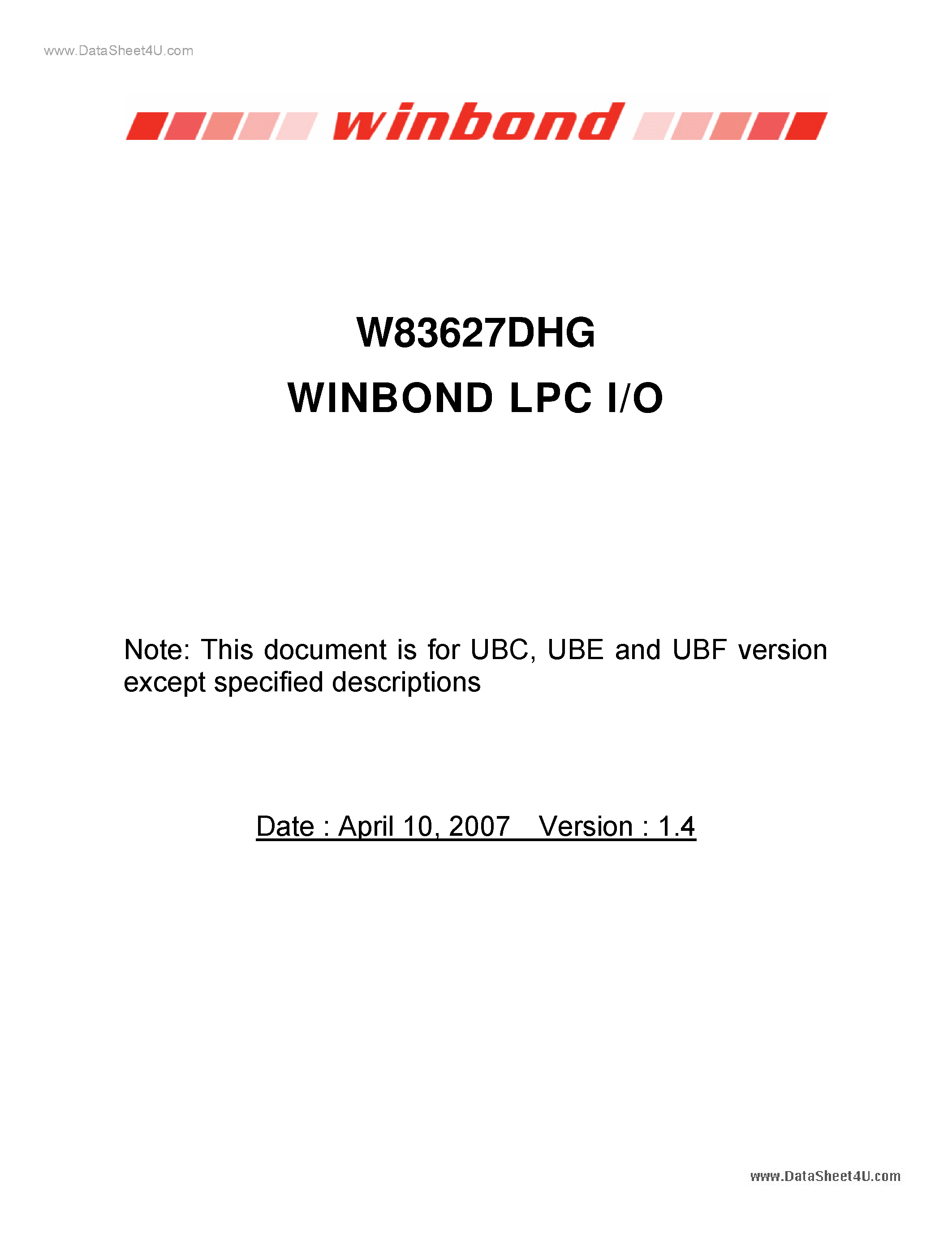 Datasheet W83627DHG page 1 Datasheet W83627DHG - LPC I/O page 1