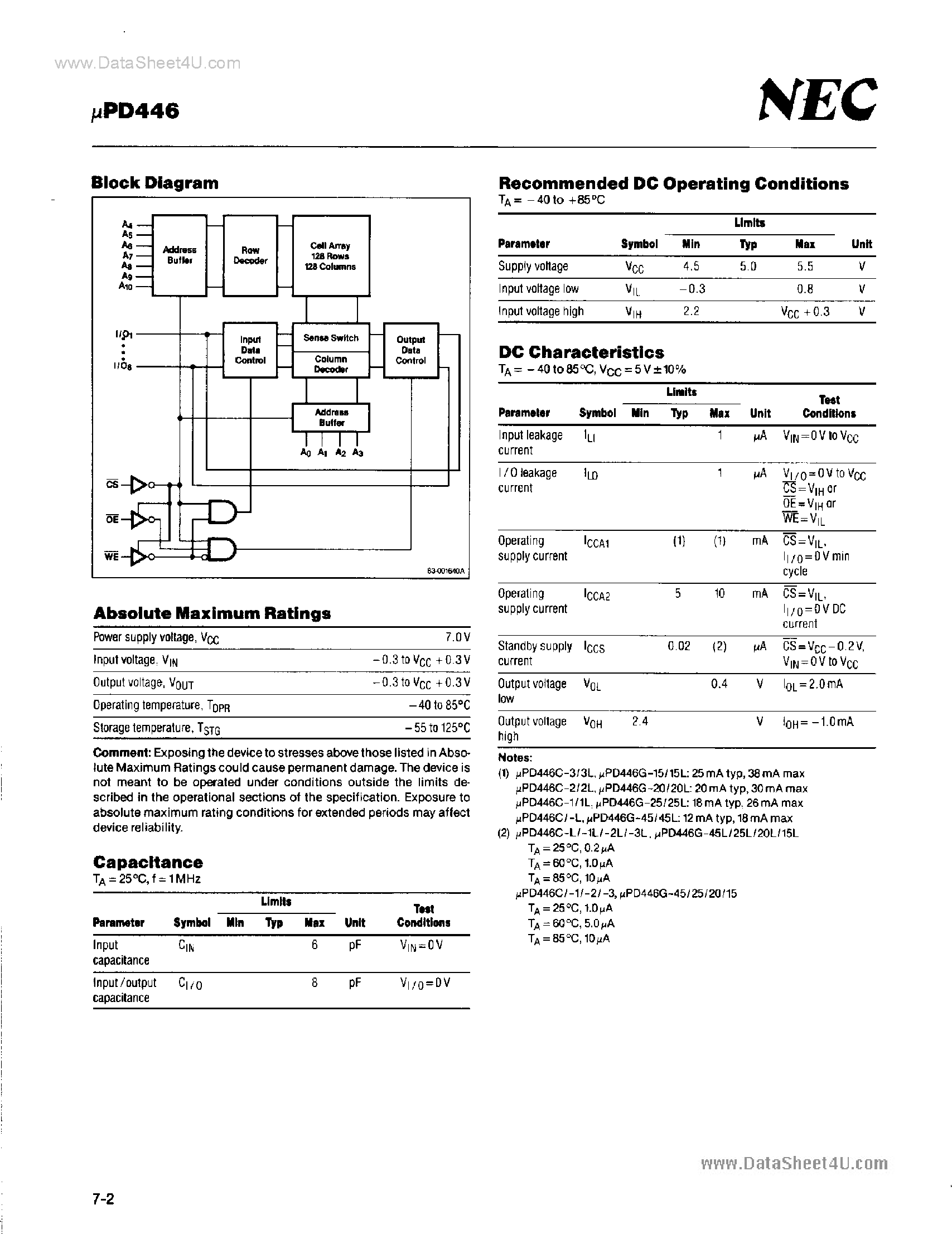 Даташит UPD446 - 2K X 8-Bit Static CMOS RAM страница 2