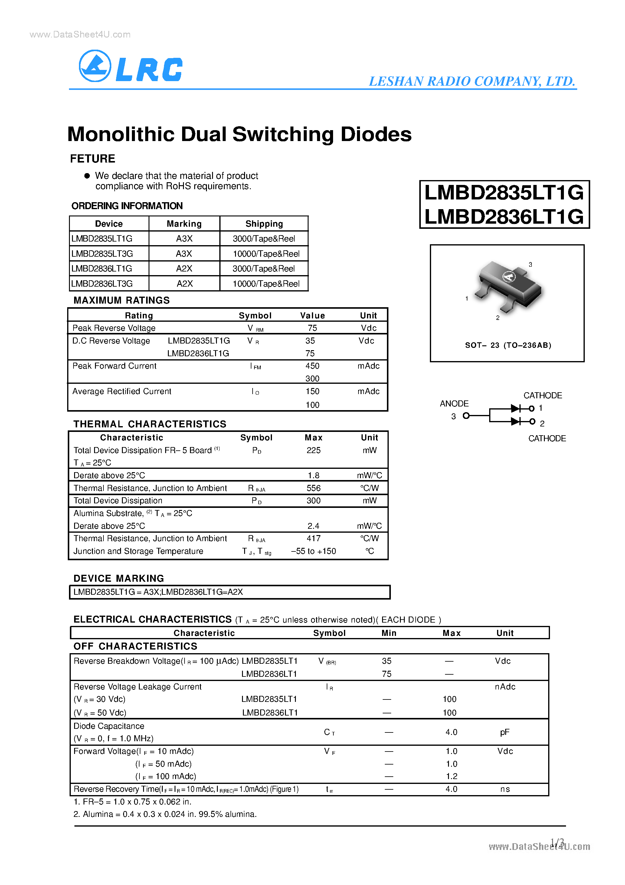 Даташит на микросхему LMBD2835LT1G страница 1 Даташит LMBD2835LT1G - Monolithic Dual Switching Diodes страница 1