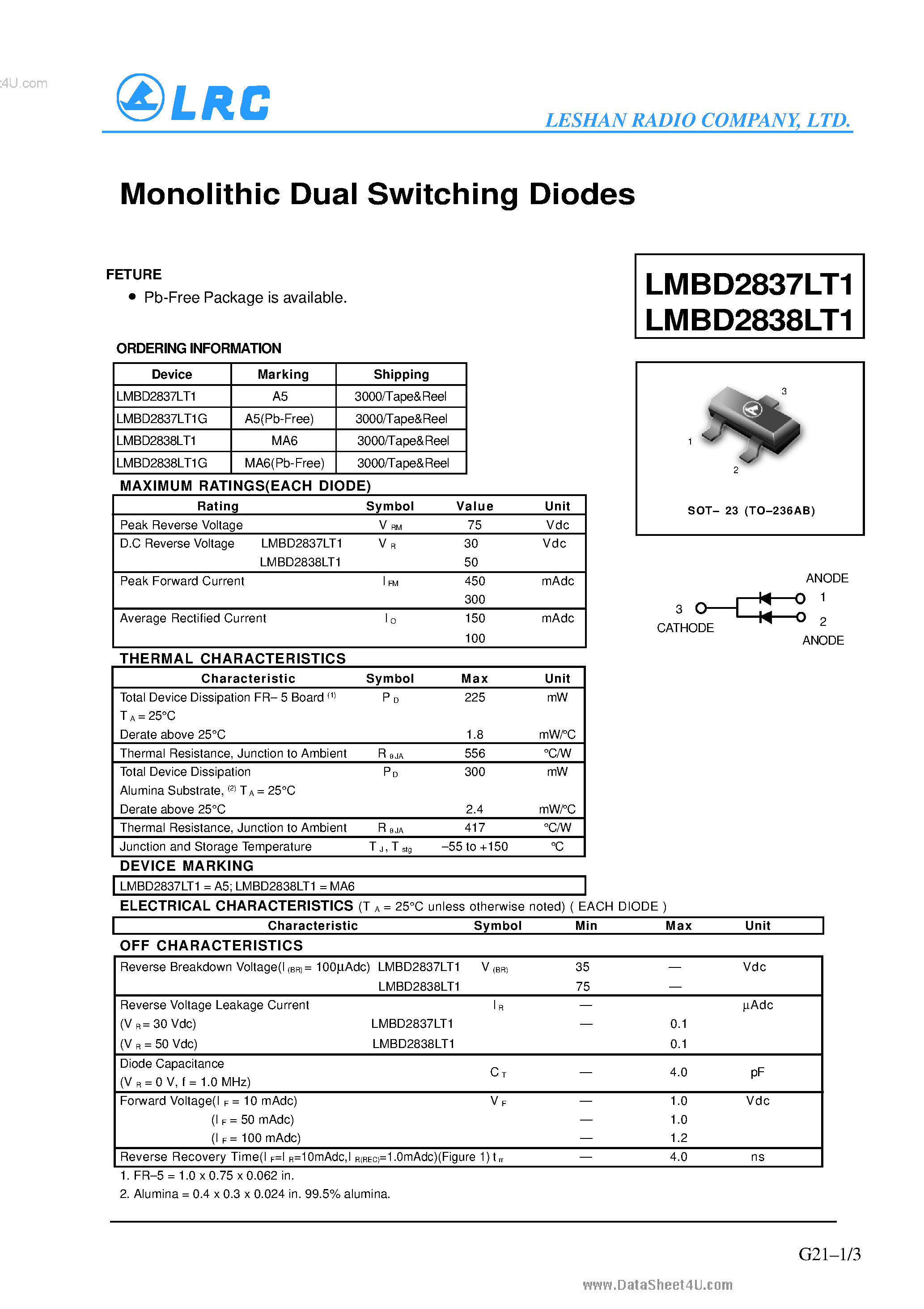 Даташит на микросхему LMBD2837LT1 страница 1 Даташит LMBD2837LT1 - Monolithic Dual Switching Diodes страница 1