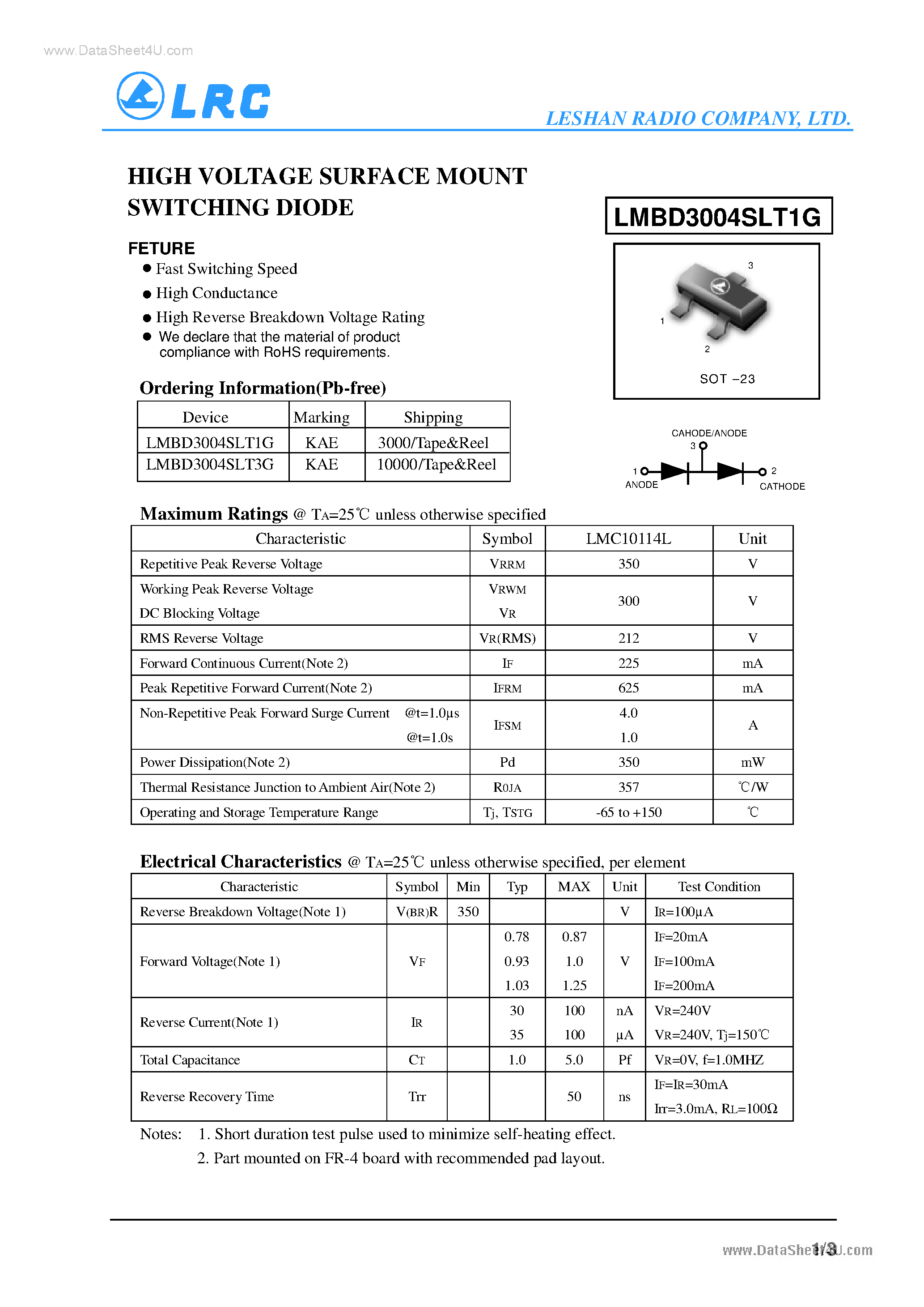 Datasheet LMBD3004SLT1G page 1 Datasheet LMBD3004SLT1G - HIGH VOLTAGE SURFACE MOUNT SWITCHING DIODE page 1
