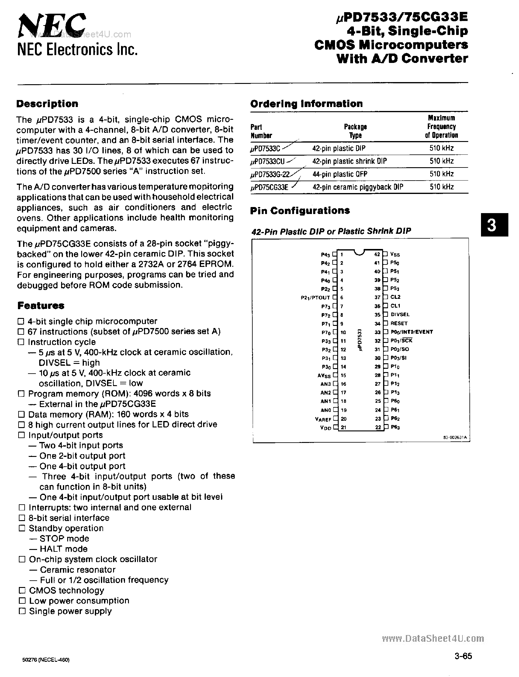 Datasheet UPD7533 page 1 Datasheet UPD7533 - 4-Bit Single-Chip CMOS Microcomputers page 1