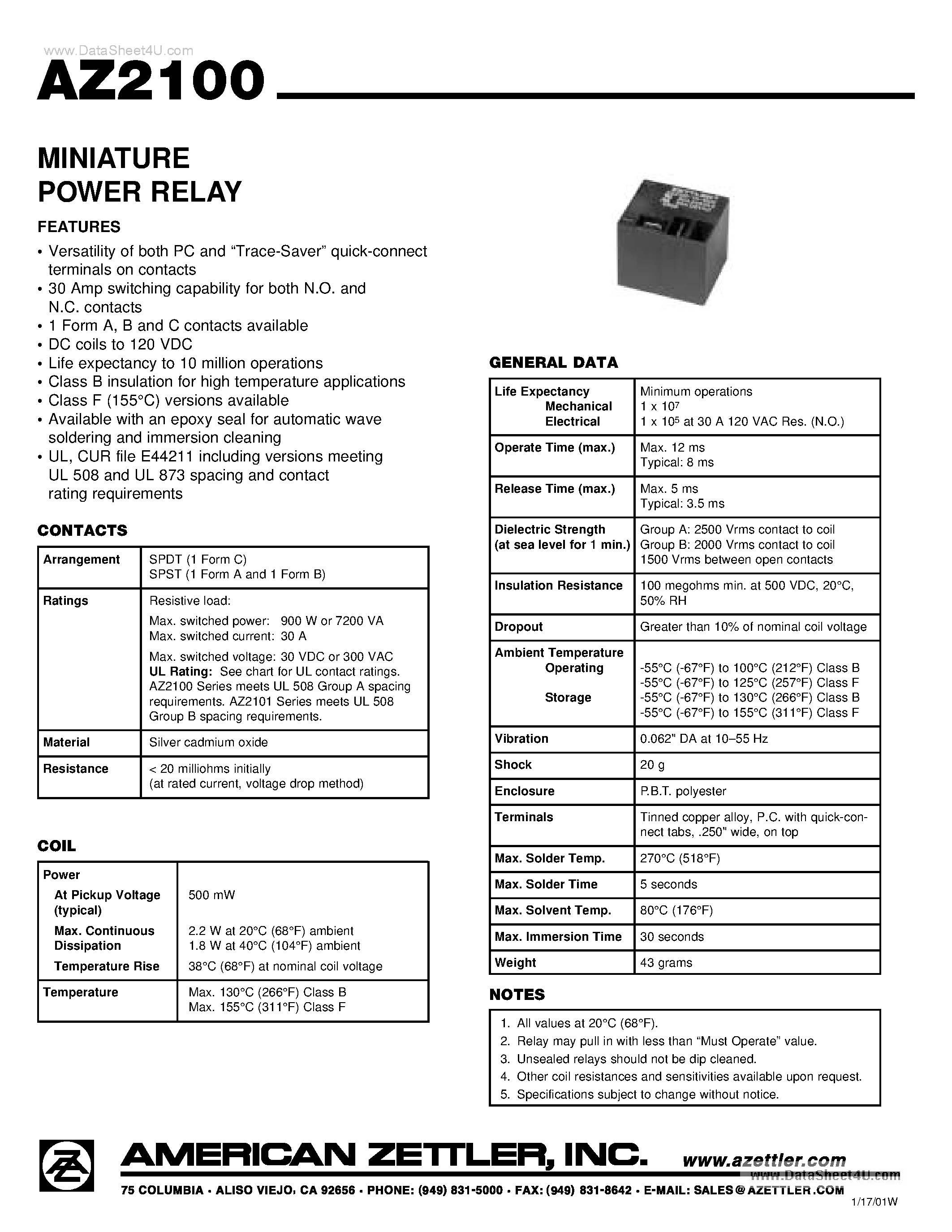 Даташит AZ2100 - MINIATURE POWER RELAY страница 1