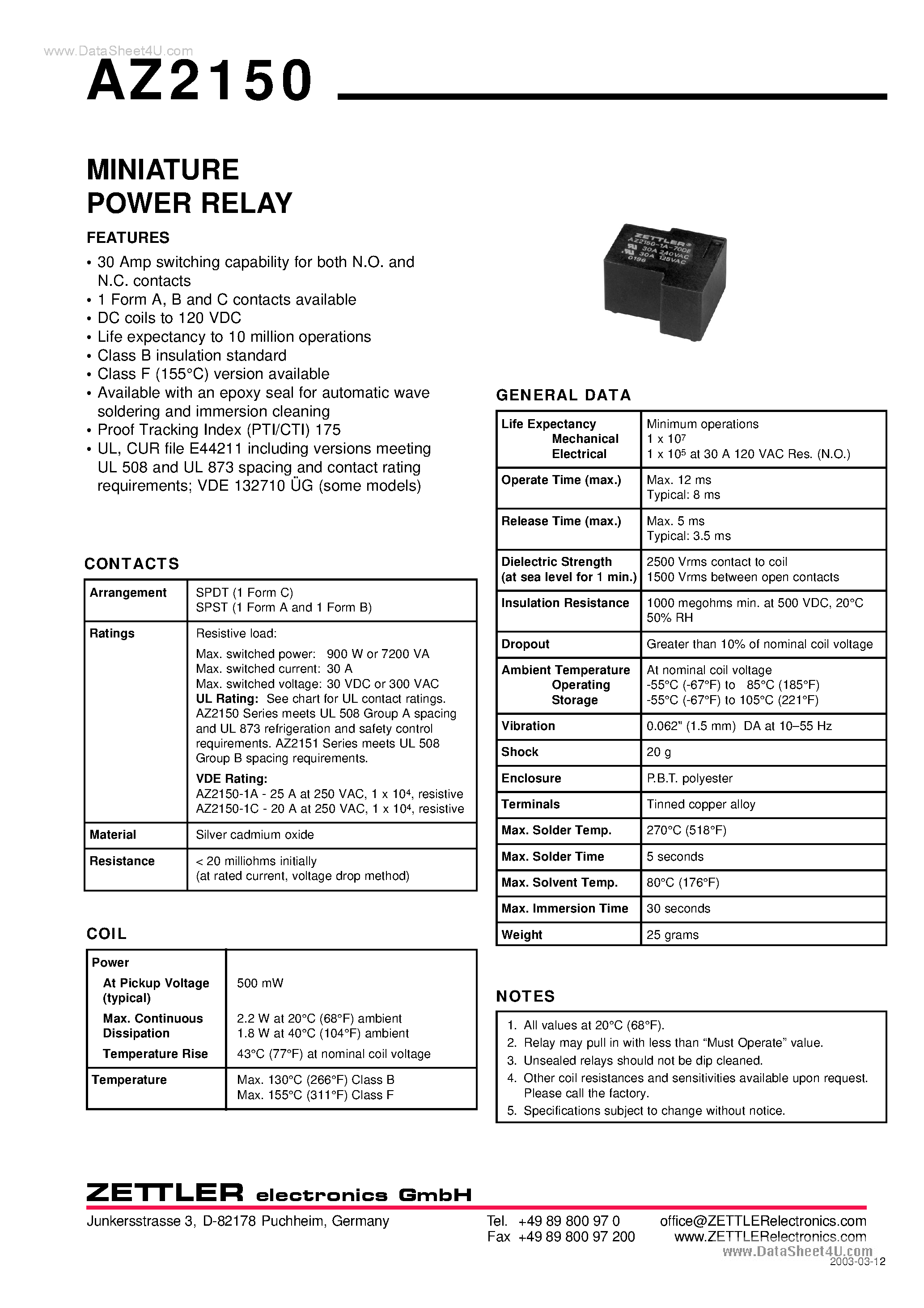 Даташит AZ2150 - MINIATURE POWER RELAY страница 1