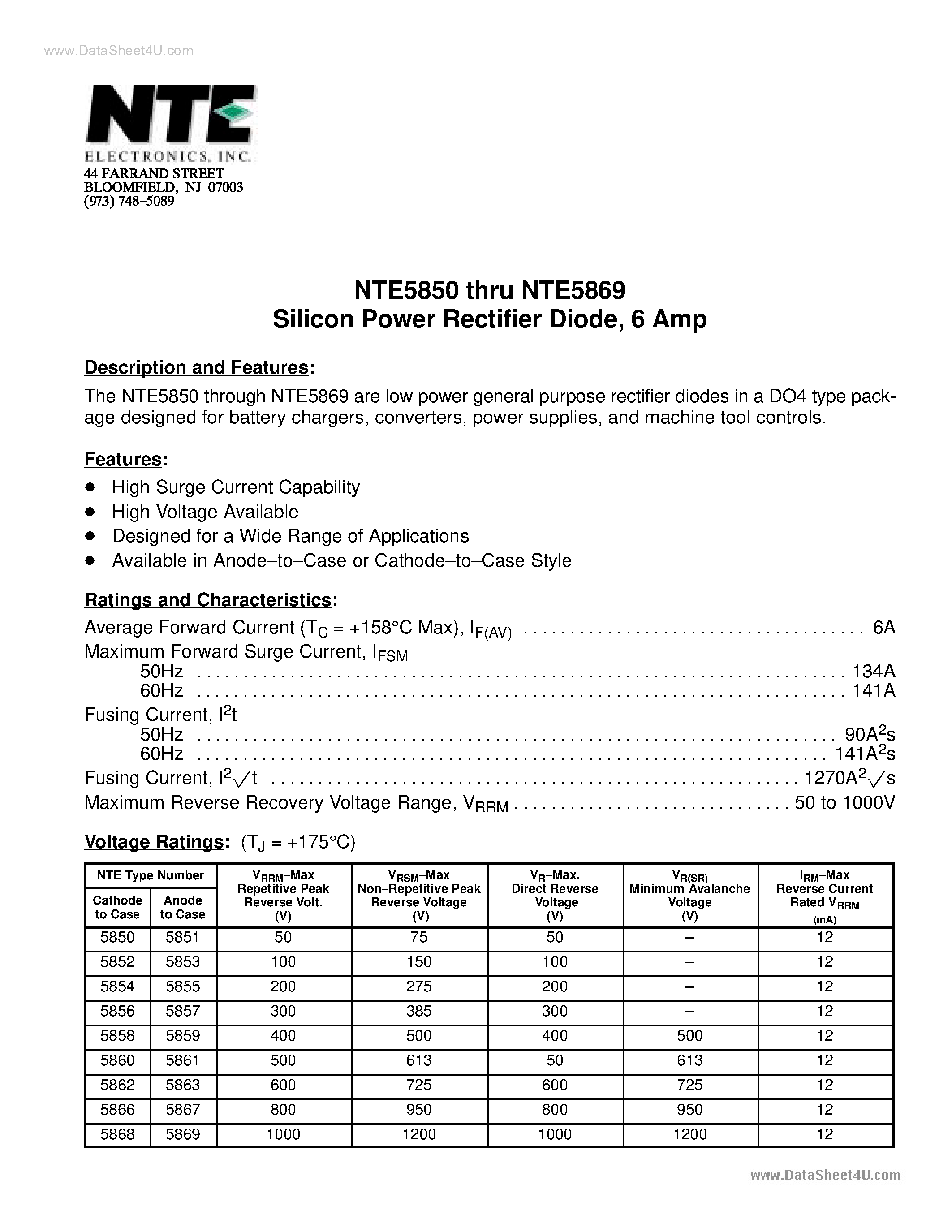 Даташит NTE5850 - (NTE5850 - NTE5869) Silicon Power Rectifier Diode страница 1