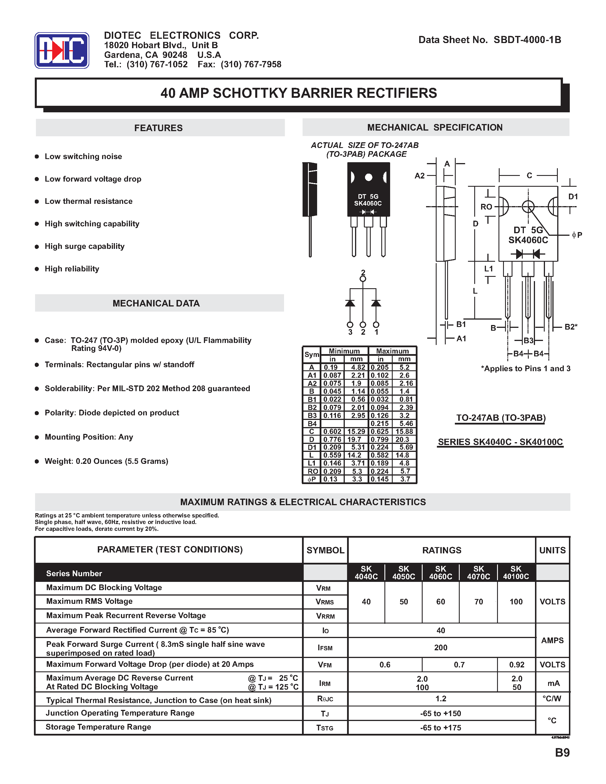 Datasheet SK40100C - (SK4040C - SK40100C) 40 Amp Schottky Barrier Rectifiers page 1