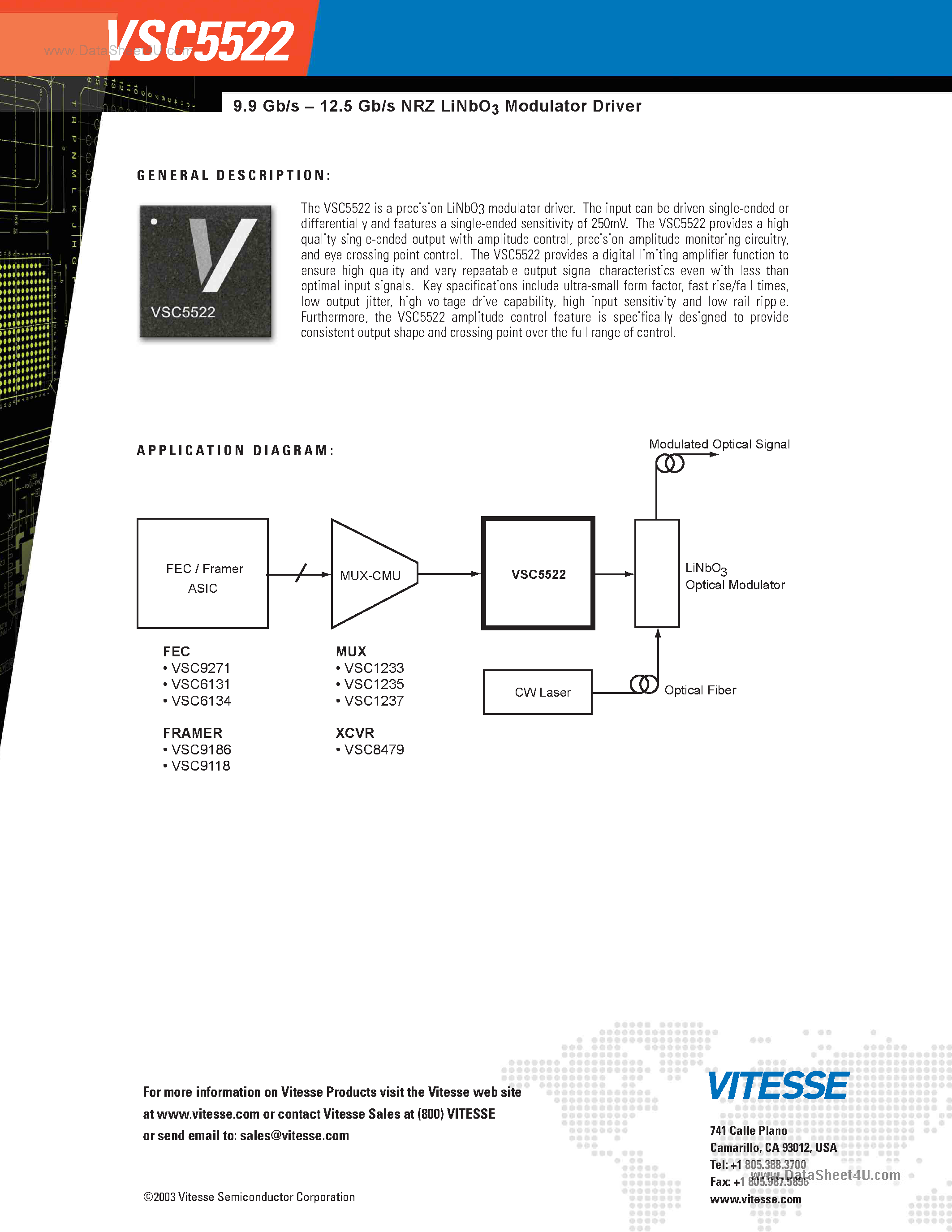 Даташит VSC5522 - 9.9 Gb/s 12.5 Gb/s NRZ LiNbO3 Modulator Driver страница 2