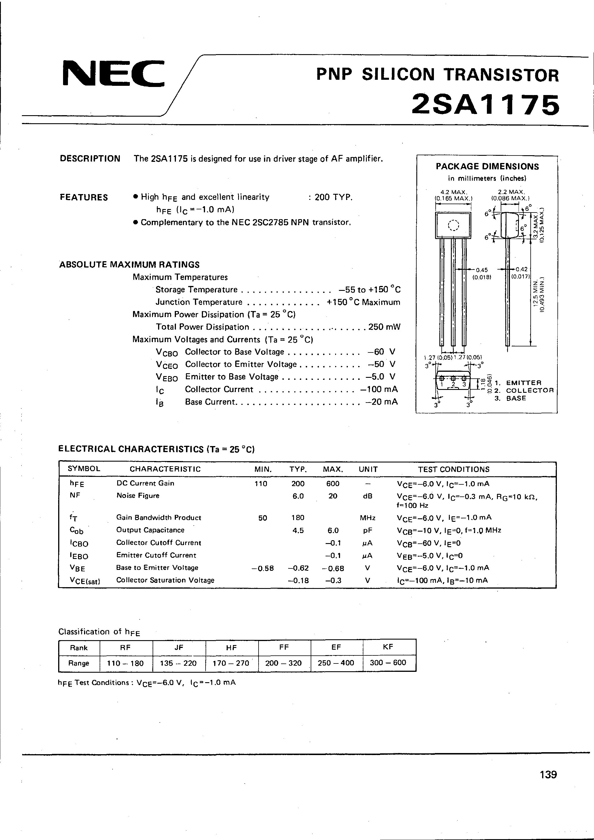 Datasheet 2SA1175 - PNP SILICON TRANSISTOR page 1