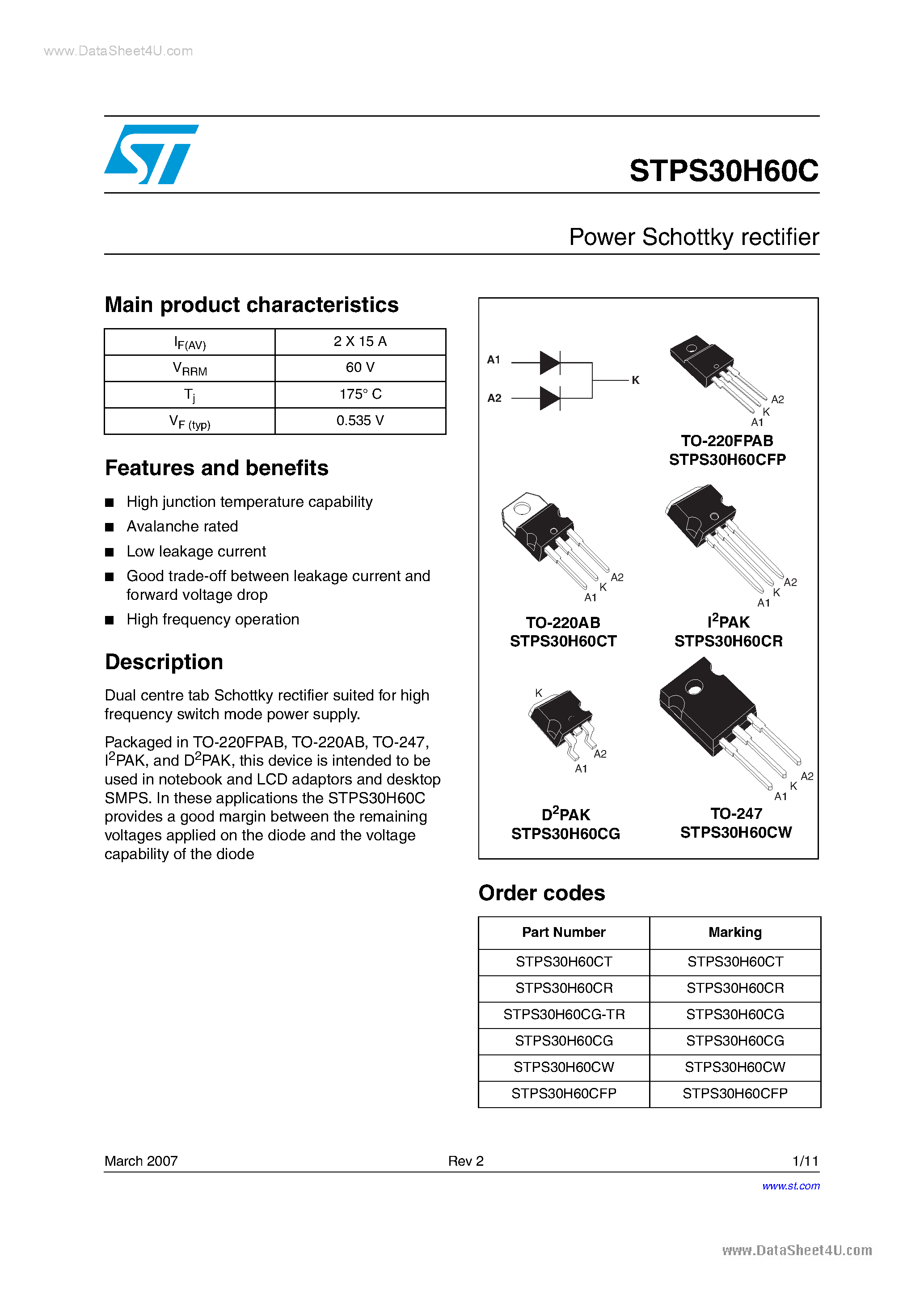 Datasheet STPS30H60C - Power Schottky Rectifier page 1