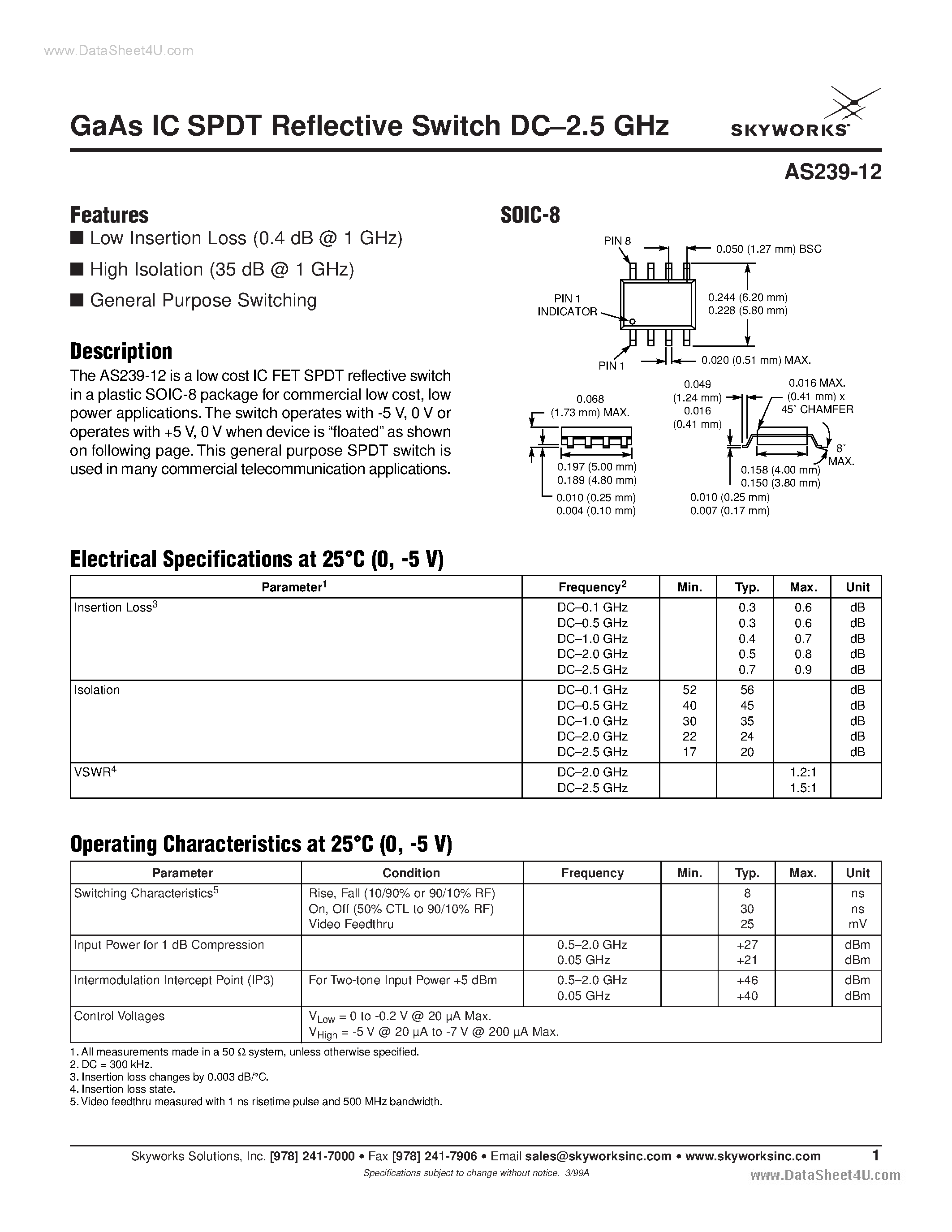 Datasheet AS239-12 - GAAS ic SPDT Reflective Switch DC 2.5 GHZ page 1