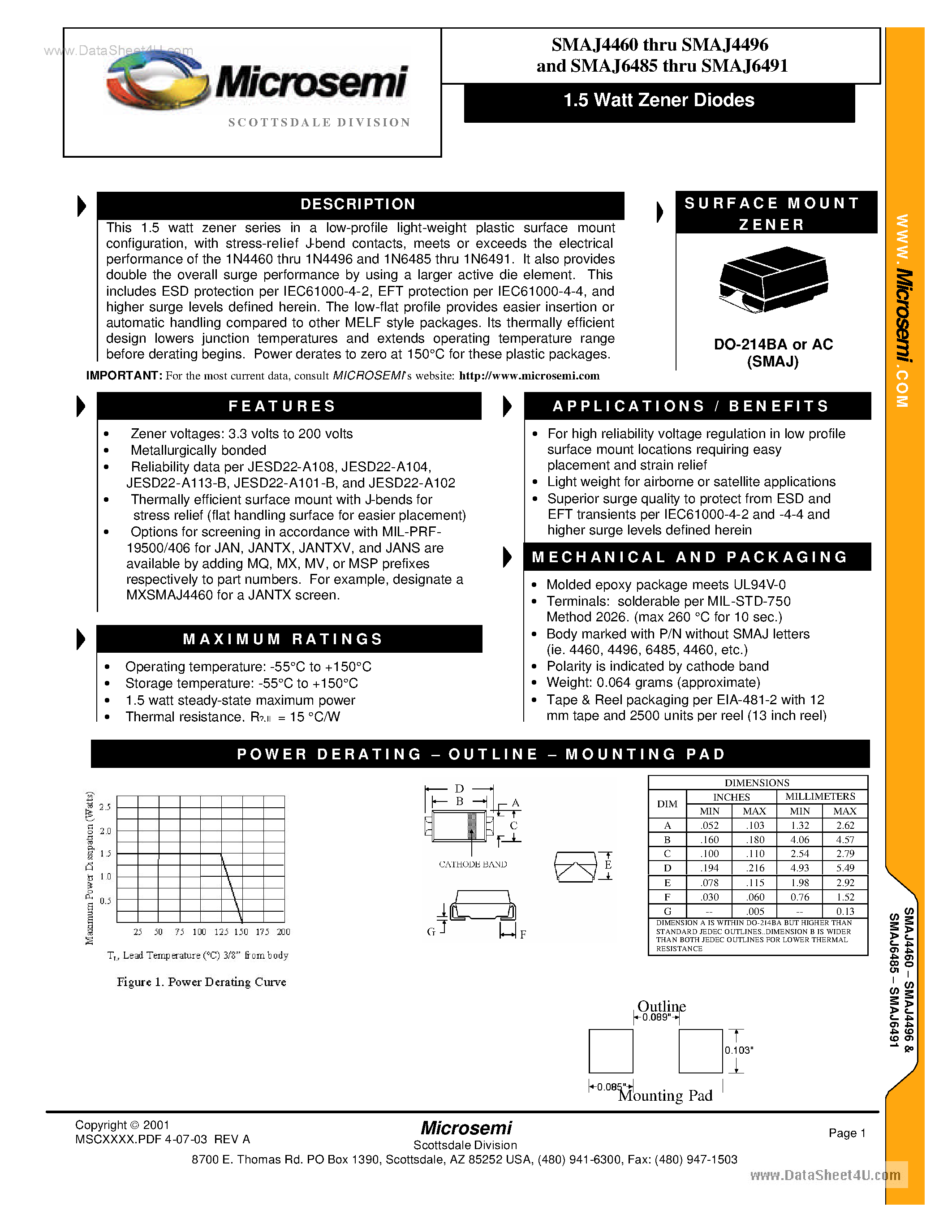 Datasheet SMAJ4460 page 1 Datasheet SMAJ4460 - (SMAJ4460 - SMAJ4496) This 1.5 Watt Zener series page 1