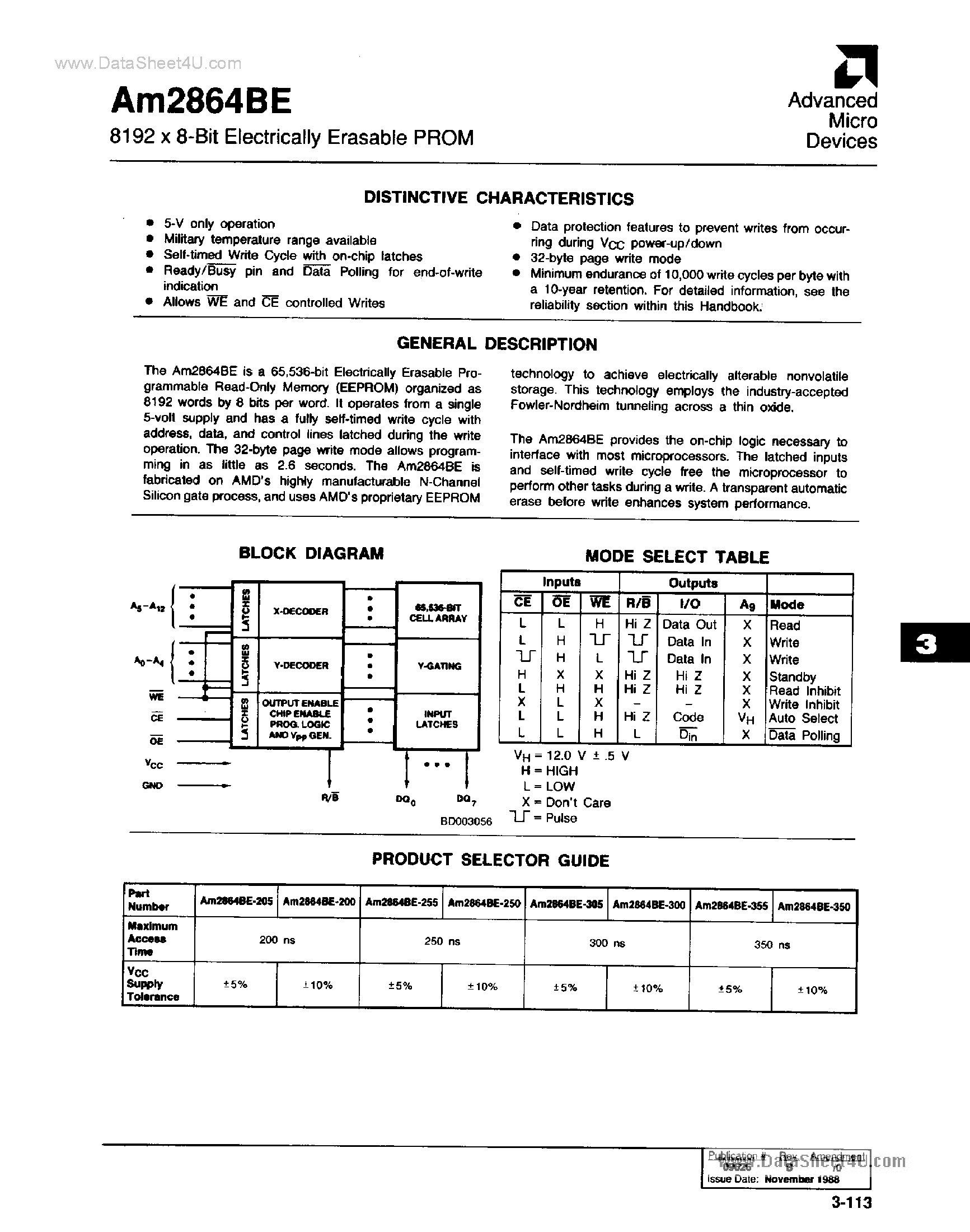 Datasheet AM2864BE - 8K X 8-Bit Electrically EPROM page 1