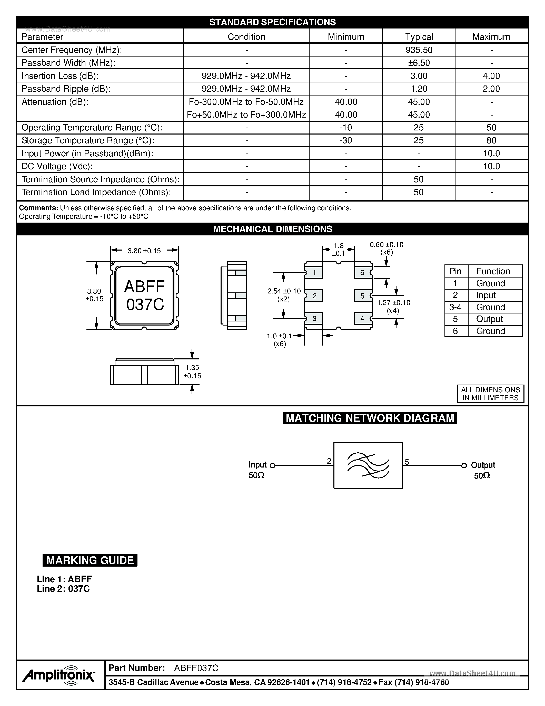 Даташит ABFF037C - STANDARDSPECIFICATIONS страница 1