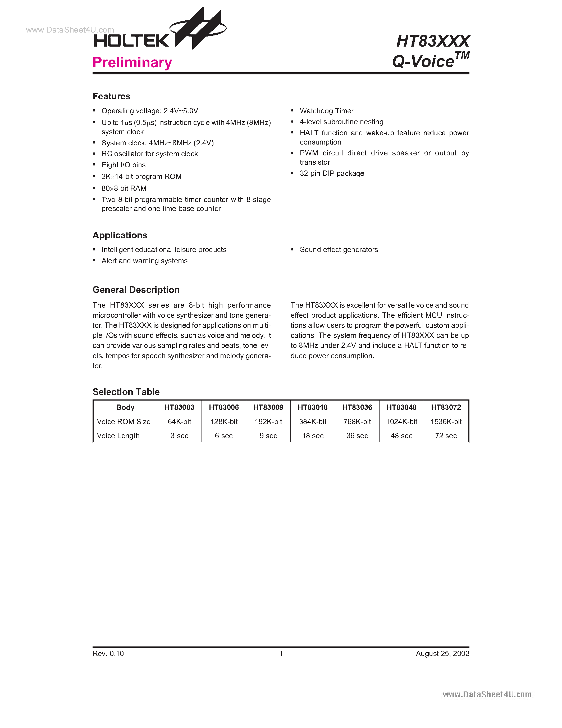 Даташит на микросхему HT83003 страница 1 Даташит HT83003 - (HT83xxx) Q-Voice страница 1